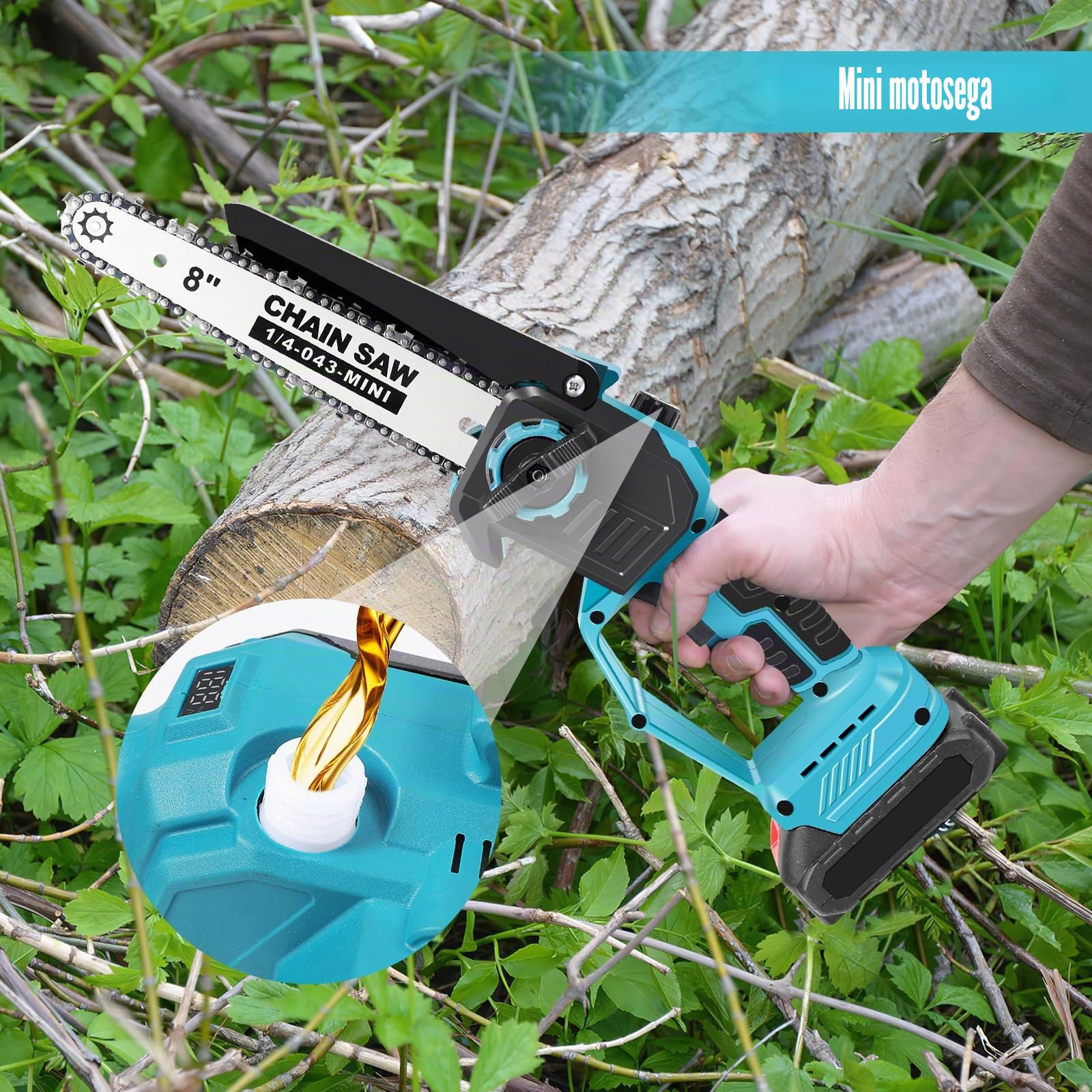 Potatore telescopico a batteria 2-in-1 e mini motosega da 8 pollici con 2 batterie da 6000mAh e caricabatterie, motore brushless, asta telescopica da 2,8 m, per alberi e rami alti (2x6000mAh batteria)