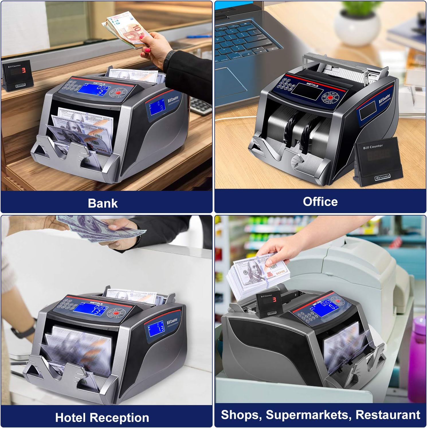 WETOLS Money Counter with Counterfeit Bill Detection UV/IR/DD/MG/MT, 3 Displays, 5 Modes Add/Batch/Auto/Count/Restart, Bill Counter 1,000 Notes per Minute WE-186 - (NOT Count Value of Bills) : Office Products