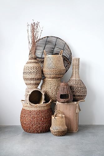 Miniatura 3 de Creative Co-Op Cestas de asas y borlas de pasto marino tejidas a mano de 14.25 pulgadas, 18 y 22 pulgadas (juego de 3 tamaños), multicolor