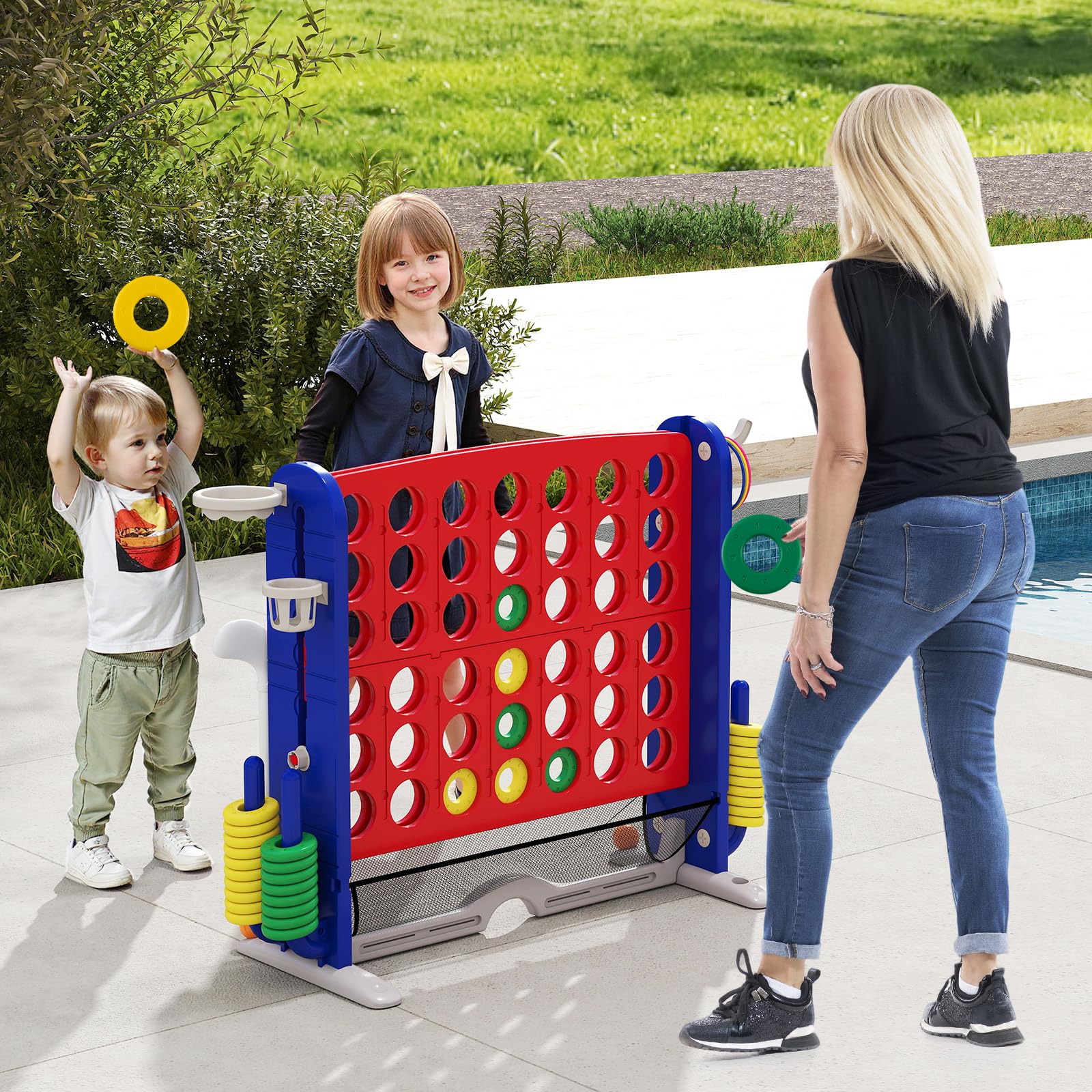 FANTASK Set di giochi giganti 4 in 1, quattro vincite XXL con anelli, cestino da basket e gioco da golf, gioco da giardino con porta bevande, scomparto a rete e borsa per il trasporto, per bambini e
