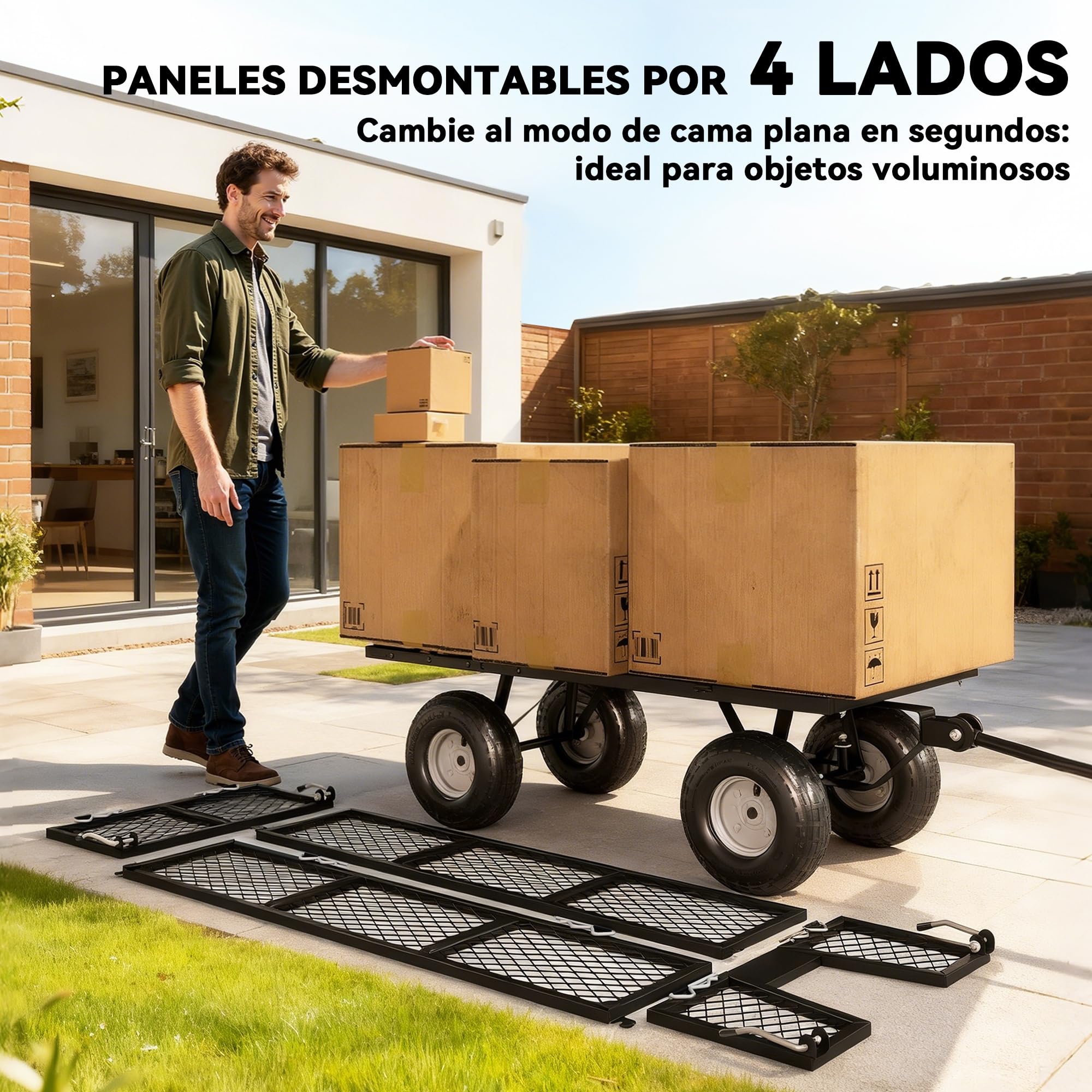 Outsunny Carrito de Jardín con Ruedas Grandes, Carga 300 kg, Carro de Mano con Asa Ajustable y Bolsa Impermeable Removible, Carrito de Transporte para Todo Terreno, Compra, Camping, Negro