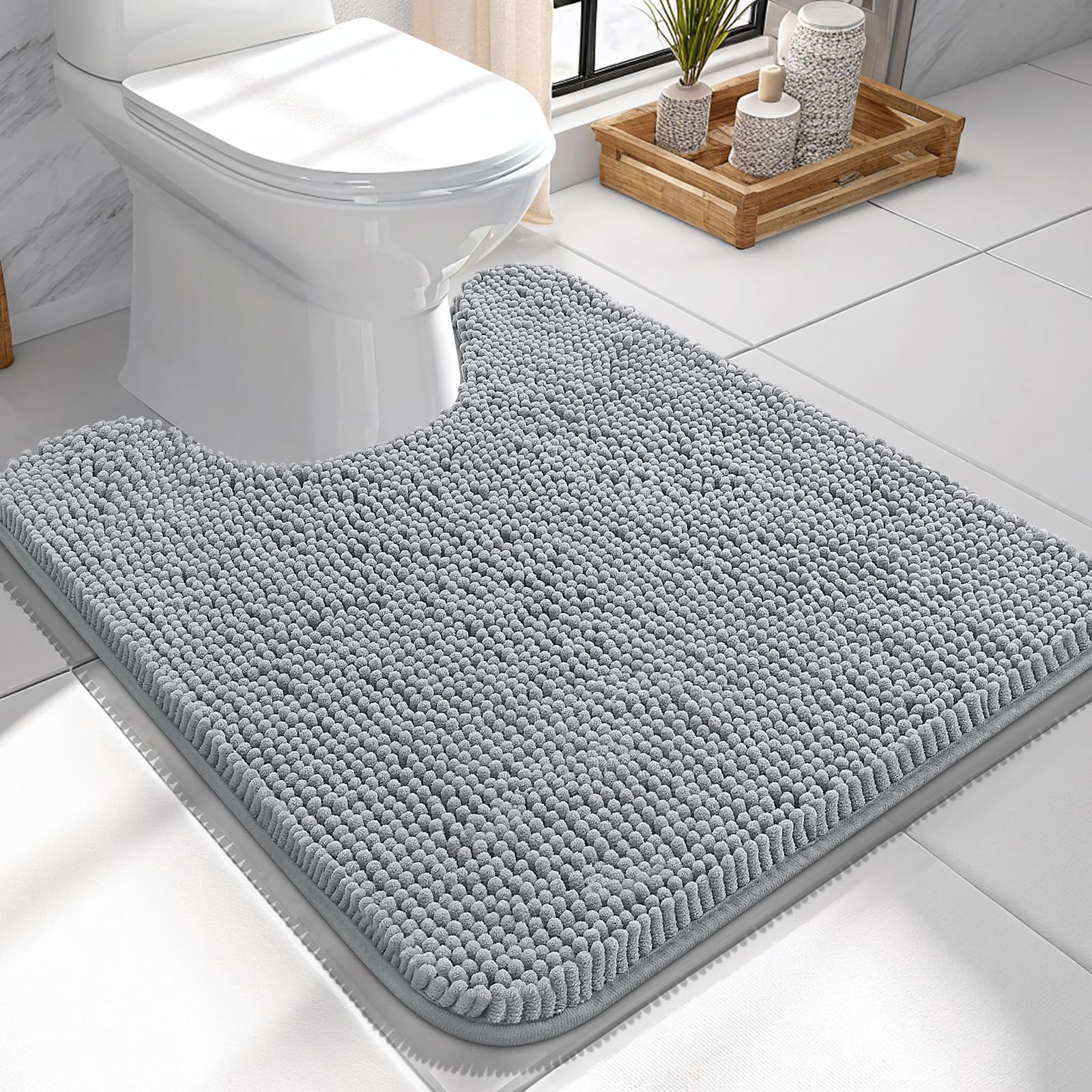 OLANLY Toilet Rugs U-Shaped 24x24, Soft Absorbent Chenille Contour Rugs | Light Grey, Quick-Drying Rubber Backing, Machine Washable Non-Slip Shaggy Bathroom Mat for Toilet, Home Decor Accessories