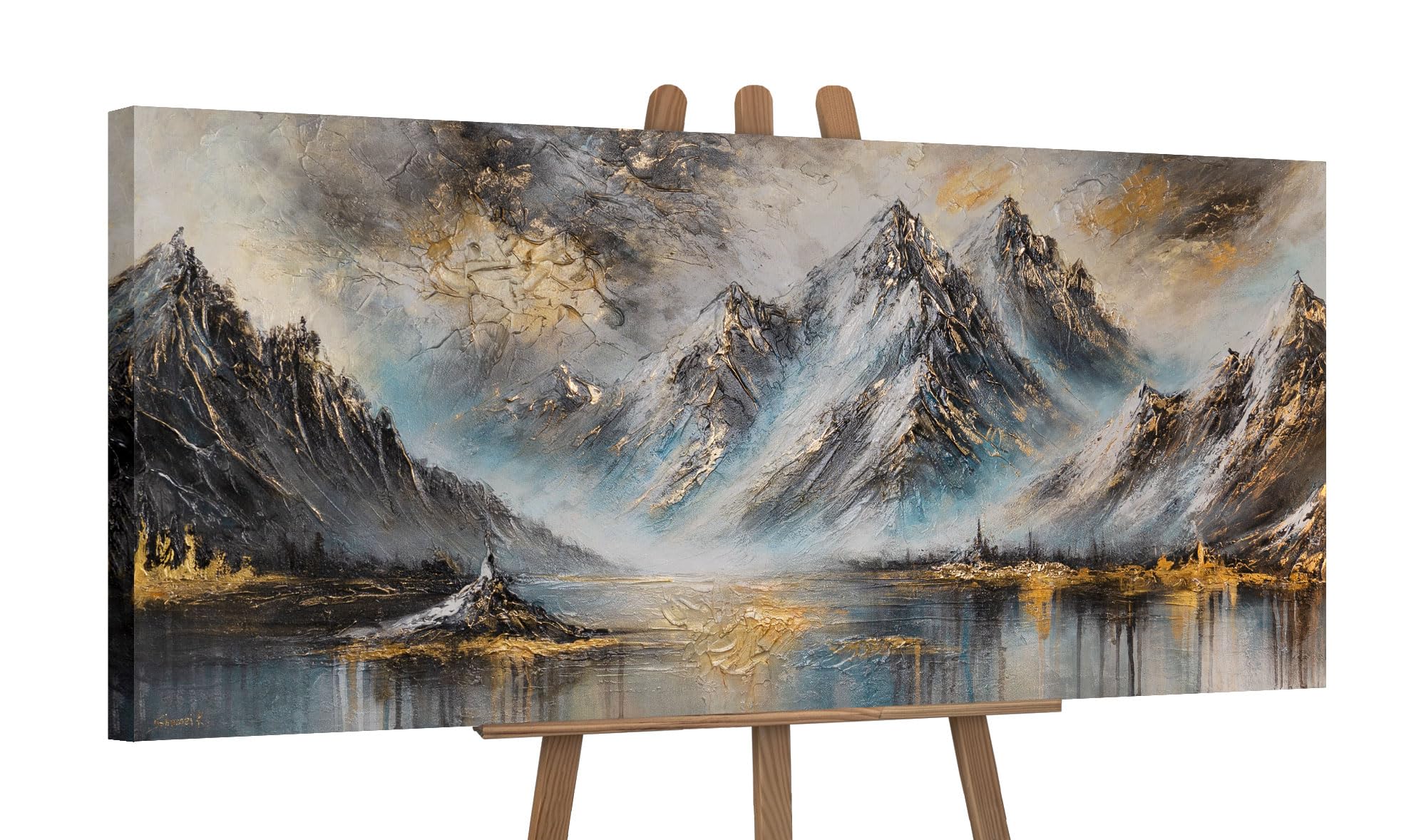 YS-Art Original Handmade Mountain Art, Snow Peaks with Lake Reflection in Acrylic, Calm Nature Statement Piece for Workspace or Studio Interior 45x20 inch