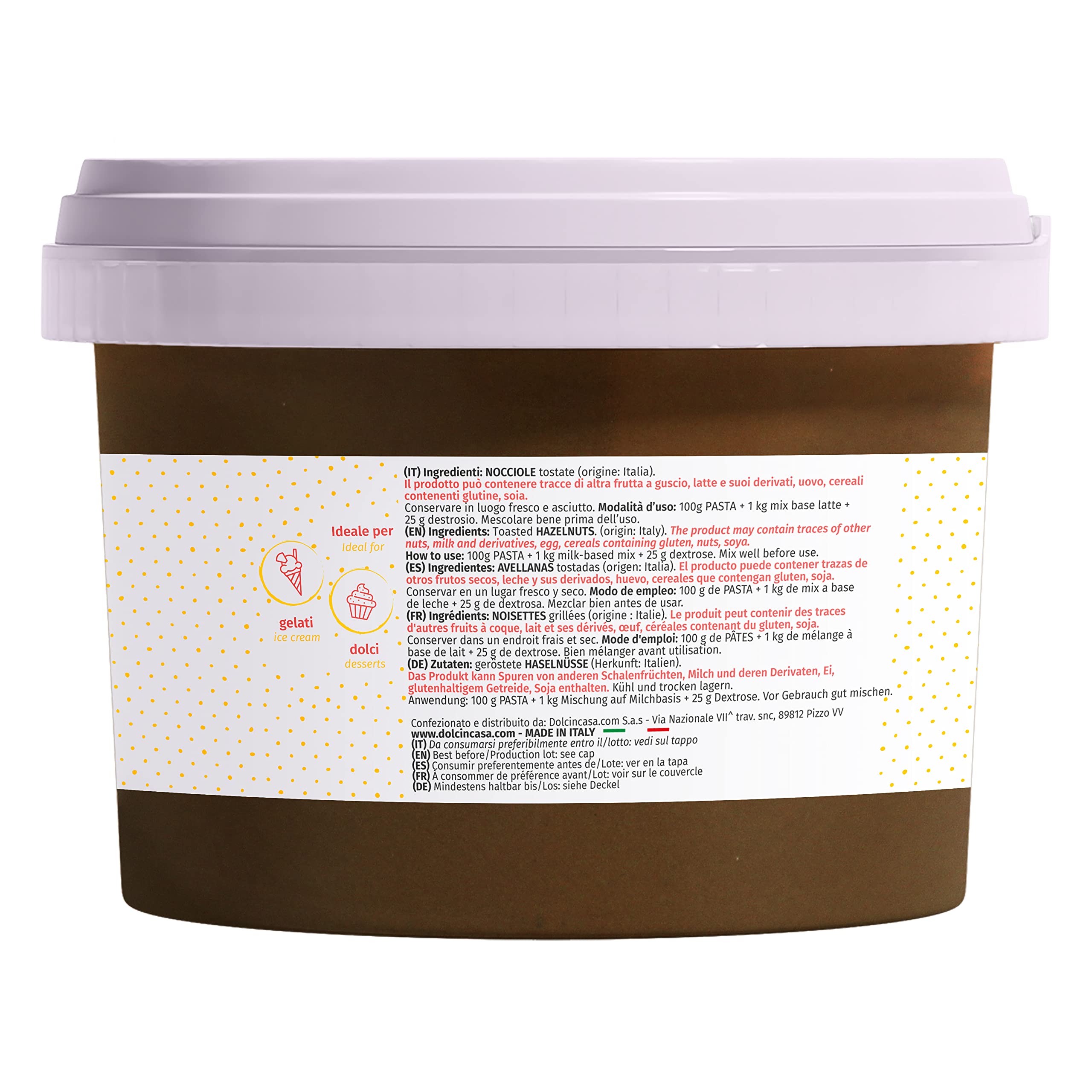 Dolcincasa-com Pâte de Noisettes Torréfiées 100% Pure Crème à Tartiner pour Glace Café et Diverses Utilisations en Confiserie Décorations Remplissages Sans Gluten sans Epaississants 500 Grammes