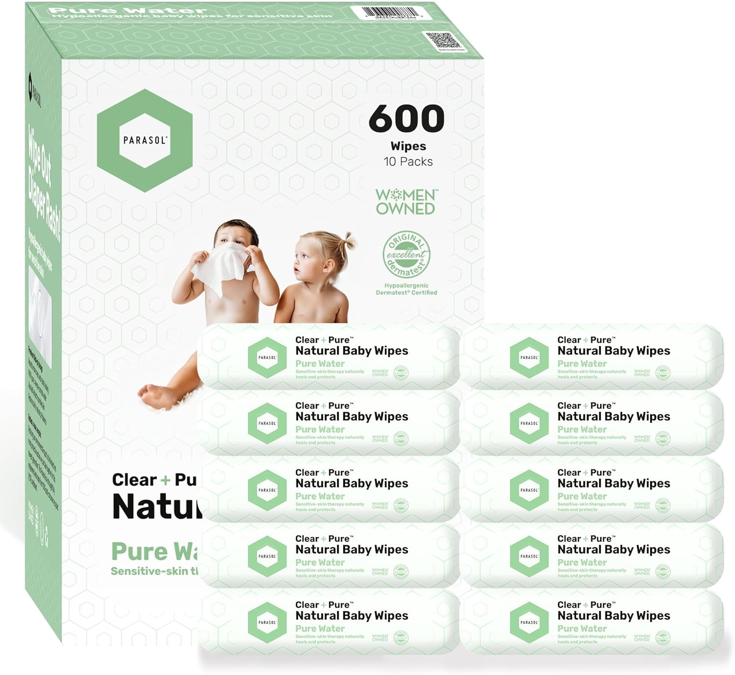 Parasol Clean+Pure Natural Baby Wipes, 99.9% Reverse-Osmosis Water, pH Balanced, Hypoallergenic Wipes, Plant Based, Alcohol-Free and Perfect for Sensitive Skin, 600 Count (10 Packs of 60)