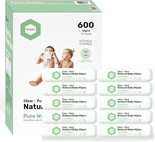 Parasol Clean+Pure Toallitas naturales para bebés, 99.9% de agua de ósmosis inversa, pH equilibrado, toallitas hipoalergénicas, a base de plantas,