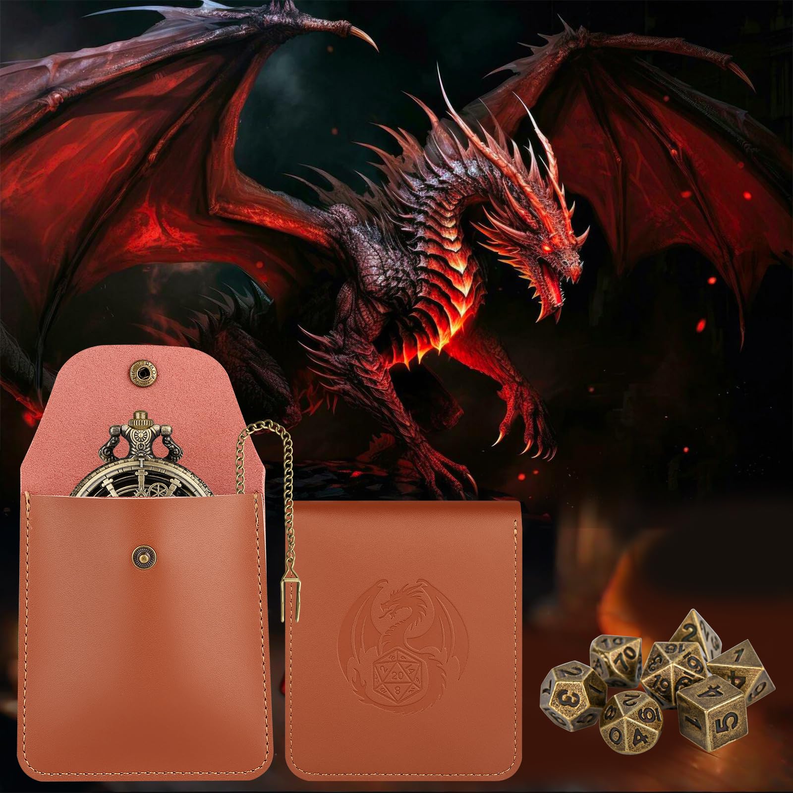 Mini DND Würfelset mit Steampunk Hohlzahnrad Taschenuhr Muschelgehäuse, 7-teiliges Polyedrisches D&D-Würfelset aus Metall, DND Geschenke mit Lederbeutel, Rollenspiel-Brettspielzubehör, Bronze
