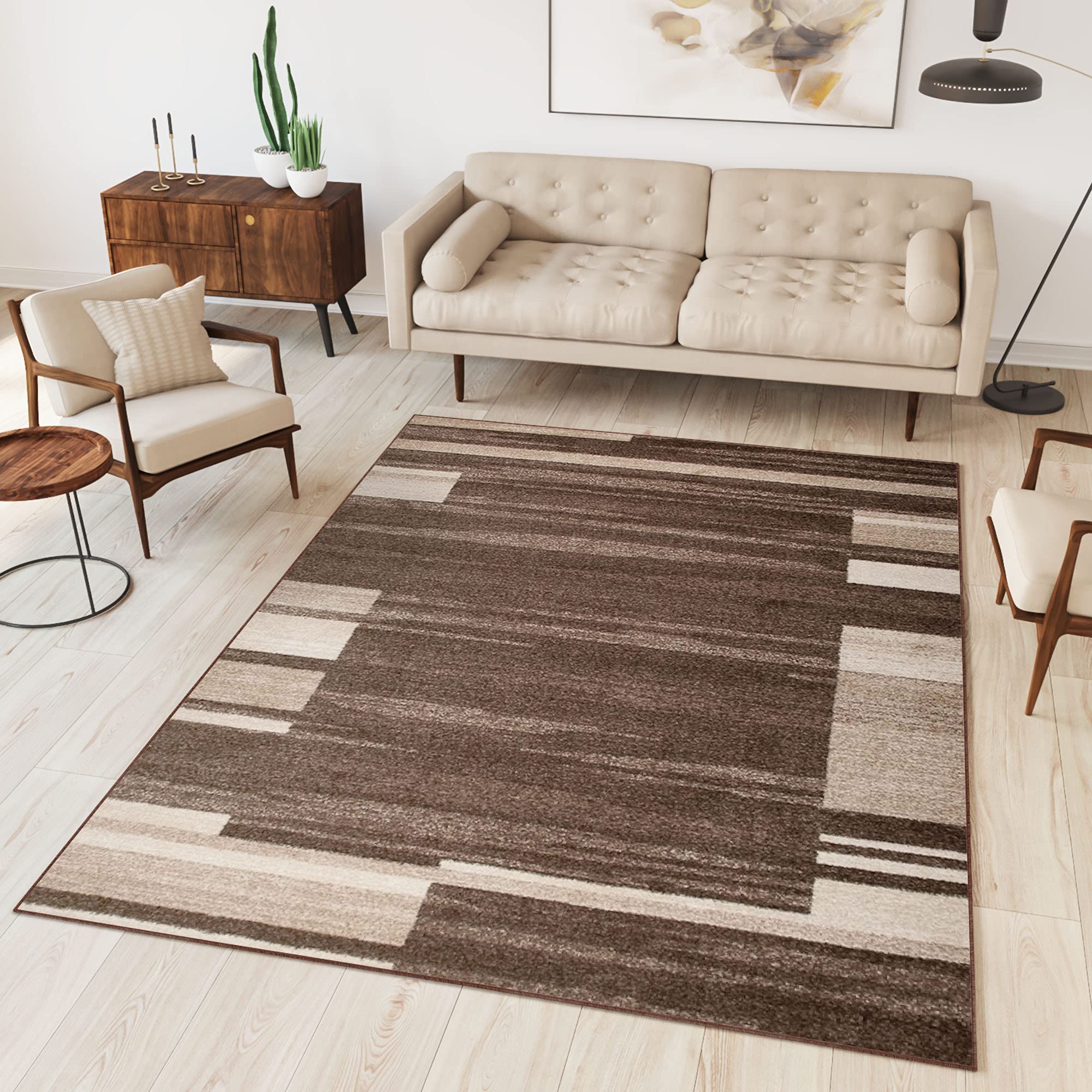 TAPISO Sari Teppich Kurzflor Beige Creme Streifen Vierecke 200 x 290 cm