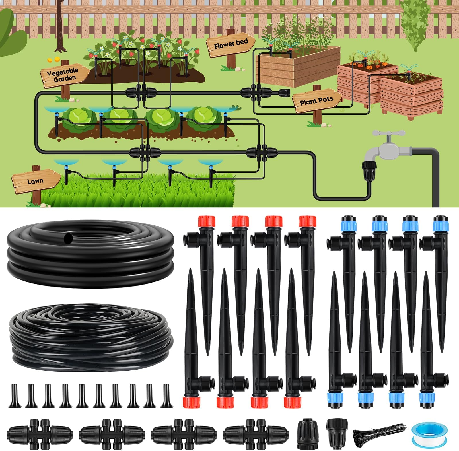 110FT Drip Irrigation System for Garden, Quick-Connect Automatic Garden Watering System with 1/2" & 1/4" Tubing and Accessories - Adjustable Sprinklers Kit for Greenhouse, Yard, Lawn, Raised Bed