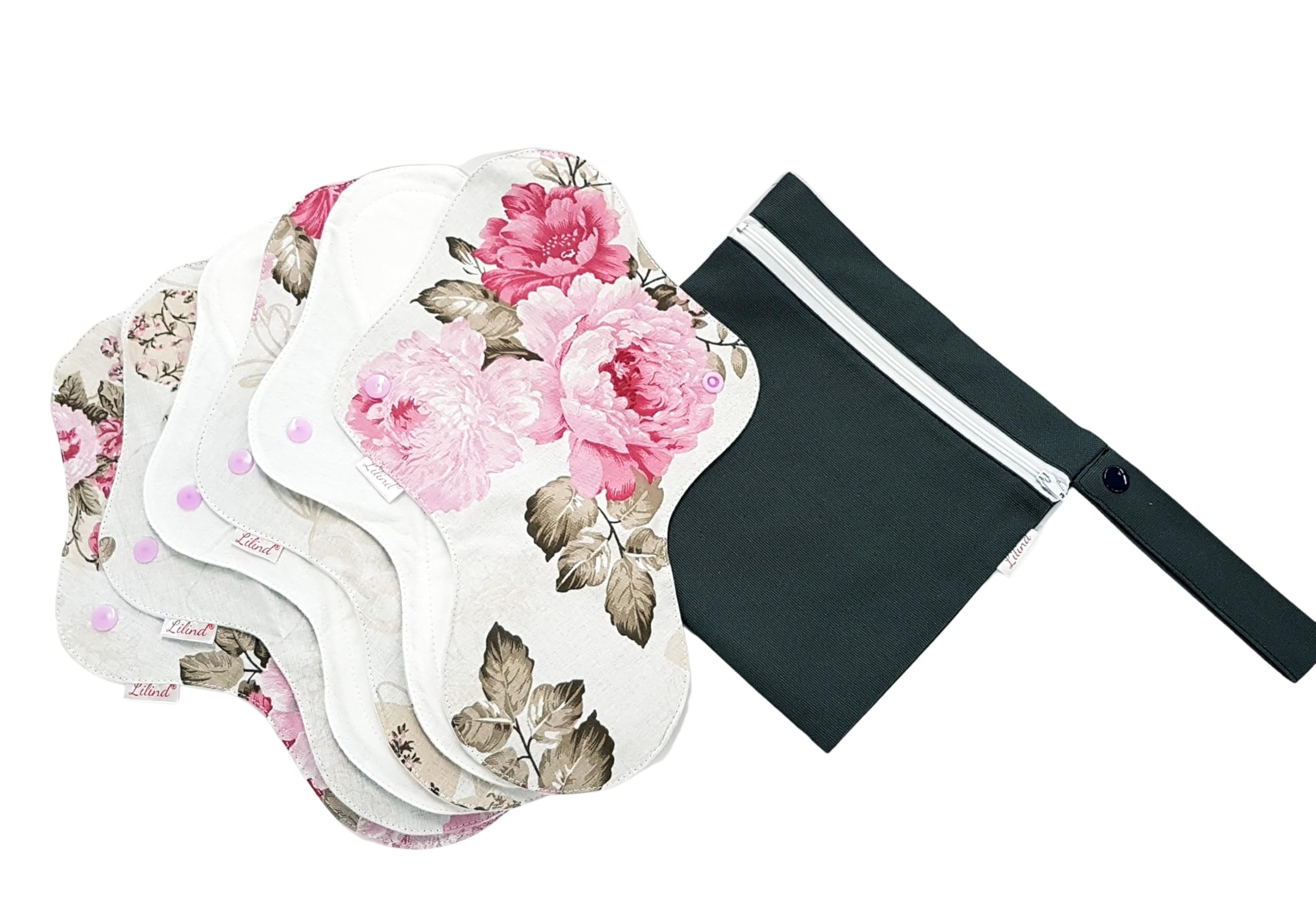 Lilind 6 Stück 30 cm schwere Bio-Tucheinlagen, Starter-Set, wiederverwendbar, wasserdicht, Menstruationsbinden, 100 % Baumwolle, Rosenpfingstrosen