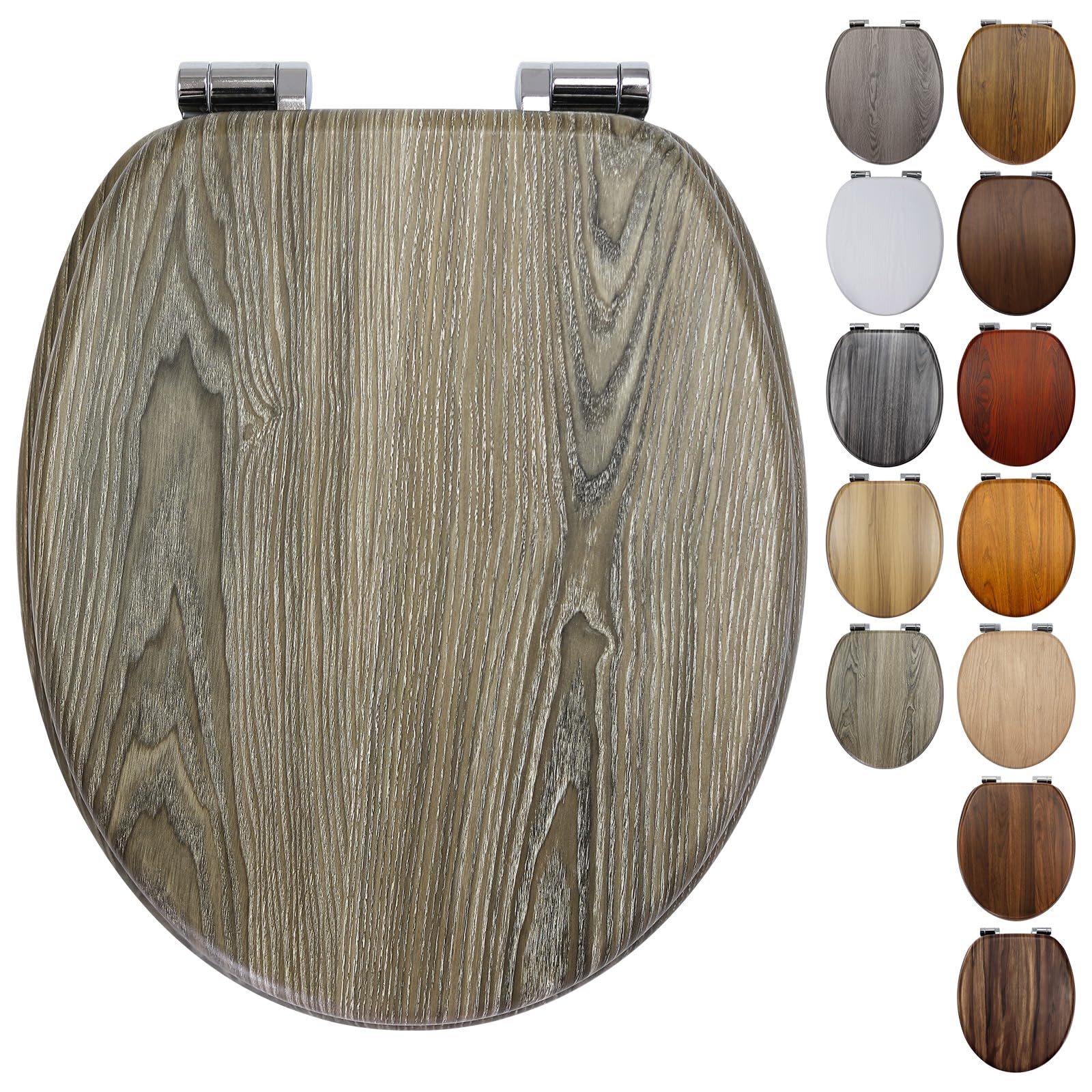Wooden Toilet Seat with Adjustable Solid Soft Close Zinc Alloy Hinges, MDF Wood Oval Toilet Seat with Bottom Fixings, Easy to Clean and Install- 18 Inch (BL199-1-01)