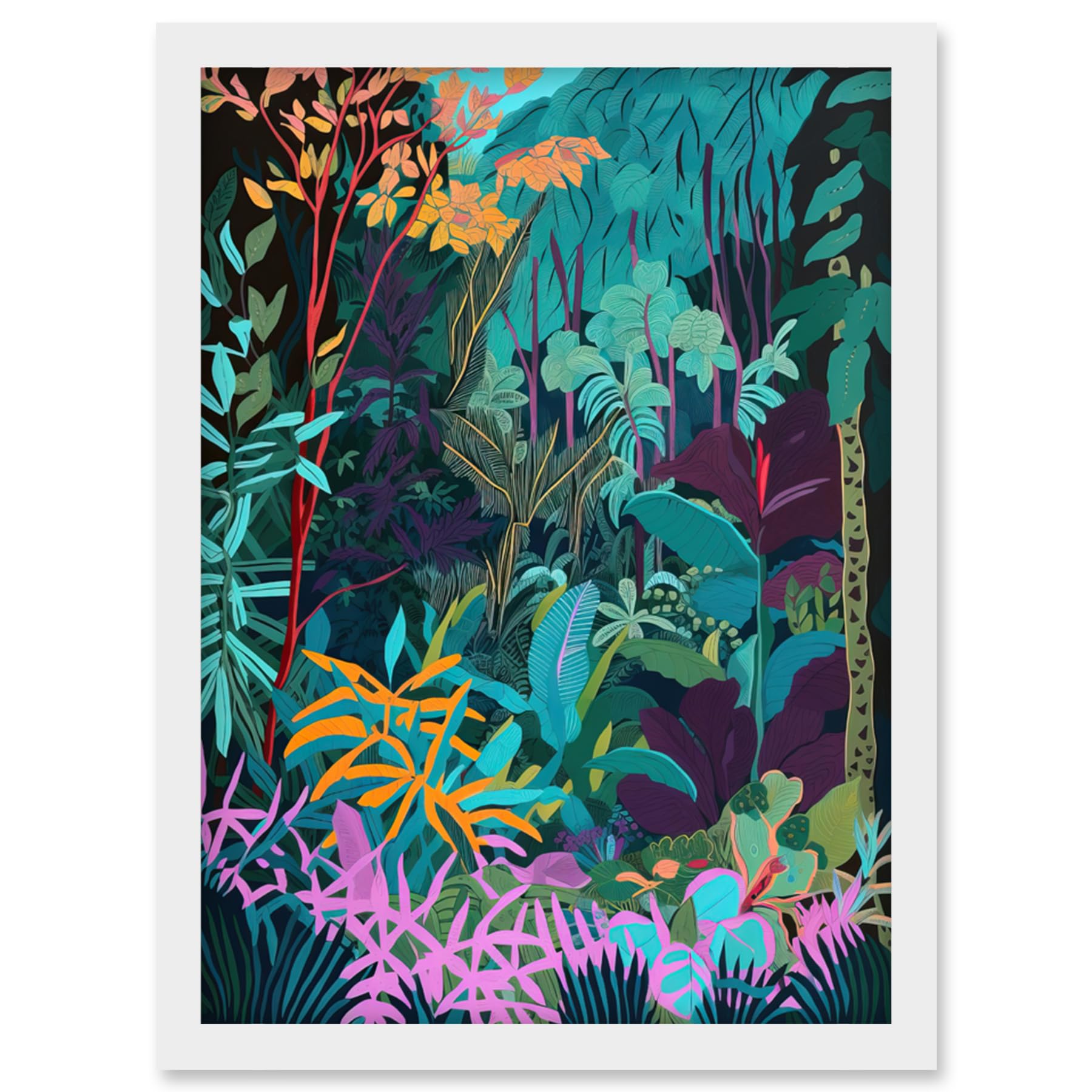 Artery8 Tropical Jungle Forest Vibrant Colour Illustration Artwork Framed Wall Art Print A4