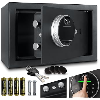 ONBEST Electric Safe Safe with Fingerprint Number Code & Key - Steel Safe with 2 Locking Bolts - Keep Money Valuables & Documents Safe - Furniture Safe 20 x 31 x 20 cm M
