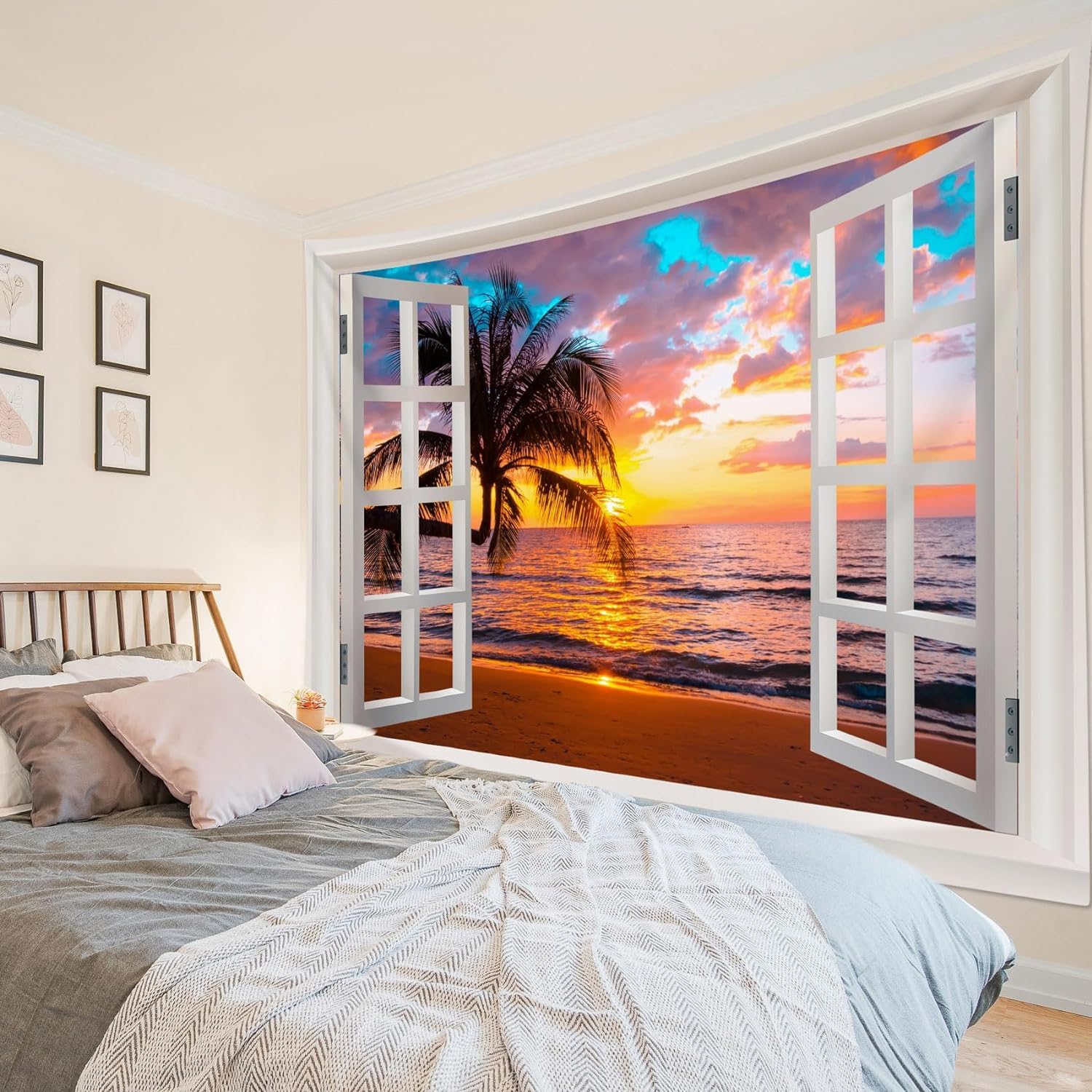 Tizhweqo Arazzo Da Parete 3D Vista Mare 200x150 Cm | Telo Finestra Con Paesaggio Marino Per Camera Da Letto E Dormitorio