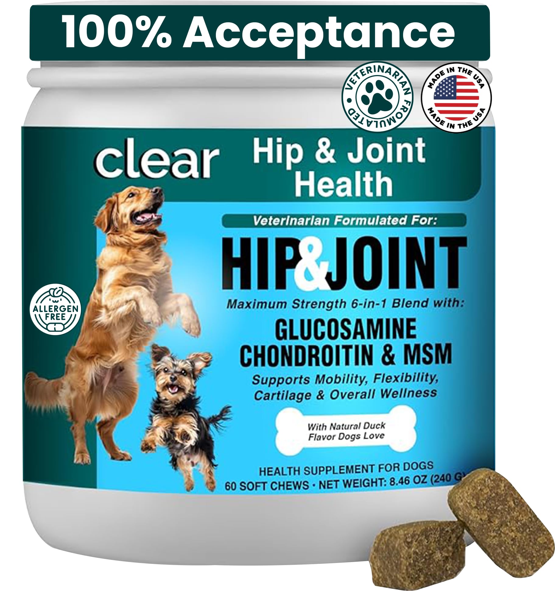 Glucosamine for Dogs Hip and Joint Supplement - Chondroitin, MSM, Green-Lipped Mussel - Clear Hip & Joint - Advanced Mobility Cartilage Support, Bone