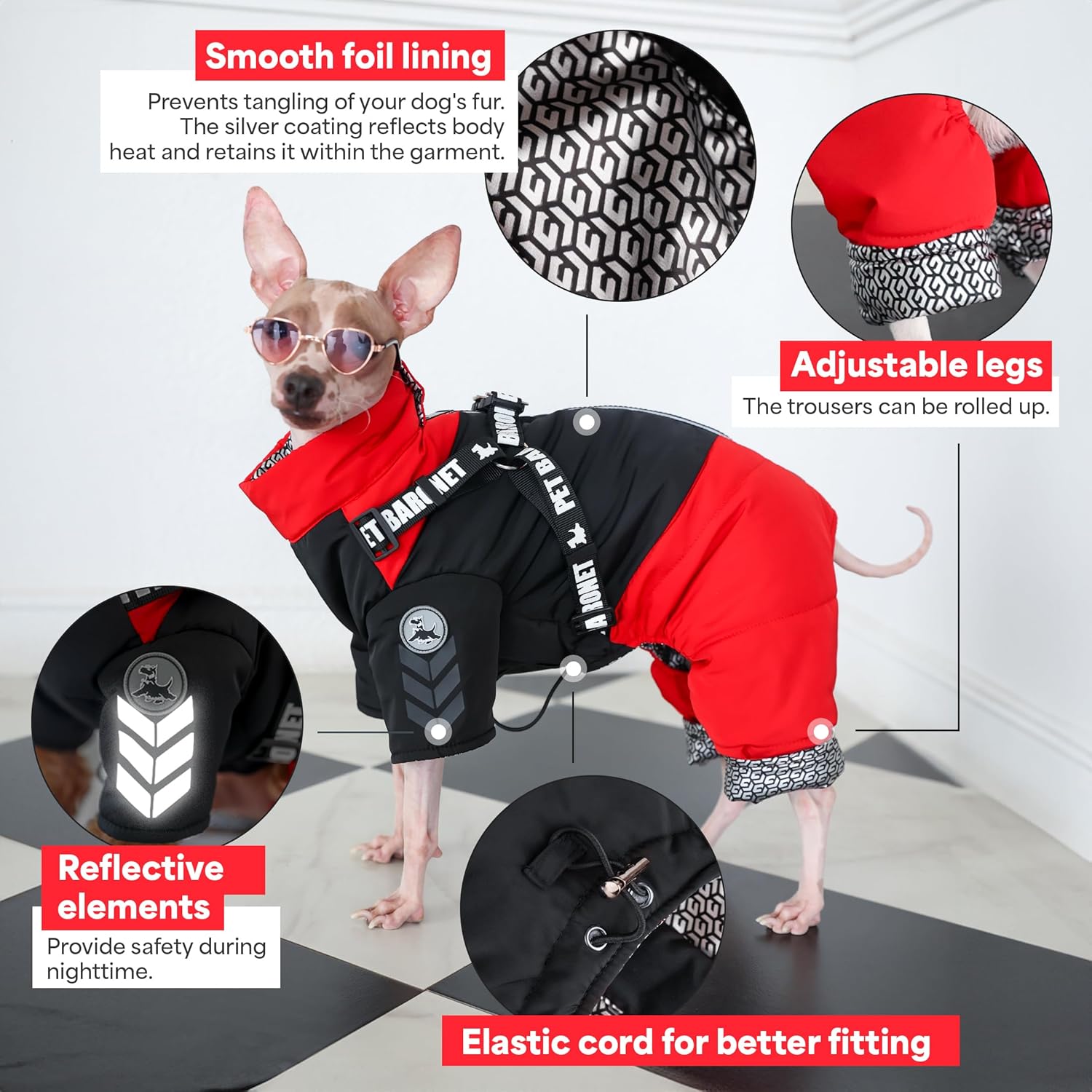 Waterproof Full Body Snowsuit with Harness, Reflective Jacket for Small and Medium Dogs (Red, XL:Chest 18.9'', Length: 14.2'')