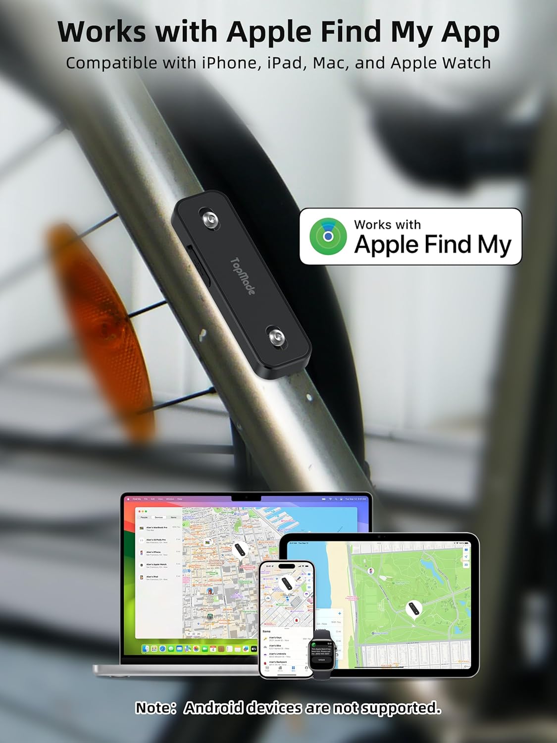 TopMade Bike Tracker, Works with Apple Find My (iOS Only), Global GPS Location on iPhone, iPad, Mac & Apple Watch, Bike Finder, Mount for Bottle Holder, Waterproof, Dustproof, Rechargeable, Black