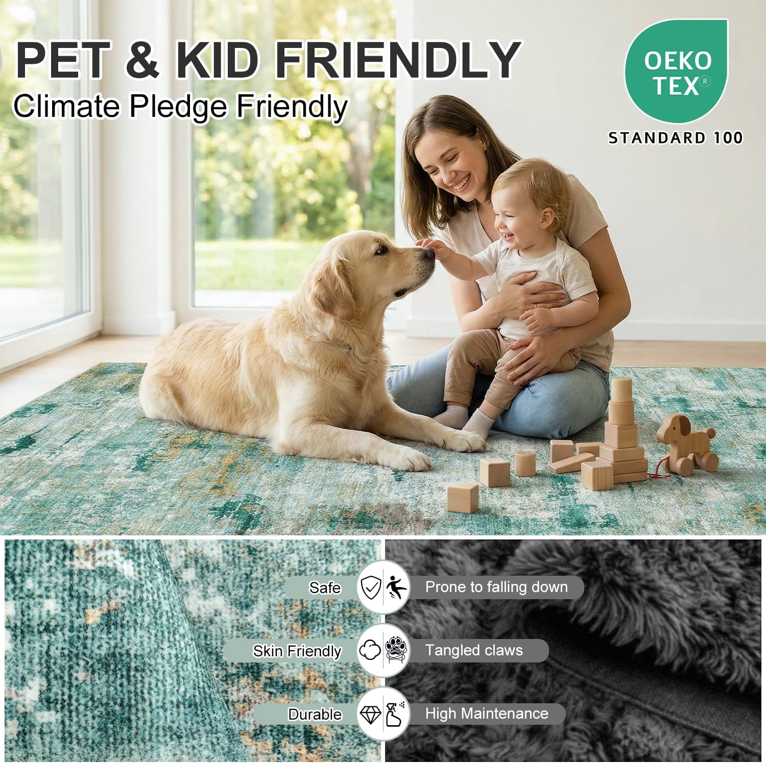 0.26" Low Pile Area Rug for Home Office Under Desk Washable Abstract Carpet Stain-Resistant Robot Vacuum Compatible Flat Woven Non Slip Dining Room Mat, 6'x9', Sage Green