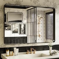 Vista 17 de ISKM Espejo con marco negro para pared de 20 x 16 pulgadas, espejo de tocador de baño antioxidante, vidrio templado, espejo rectangular redondeado