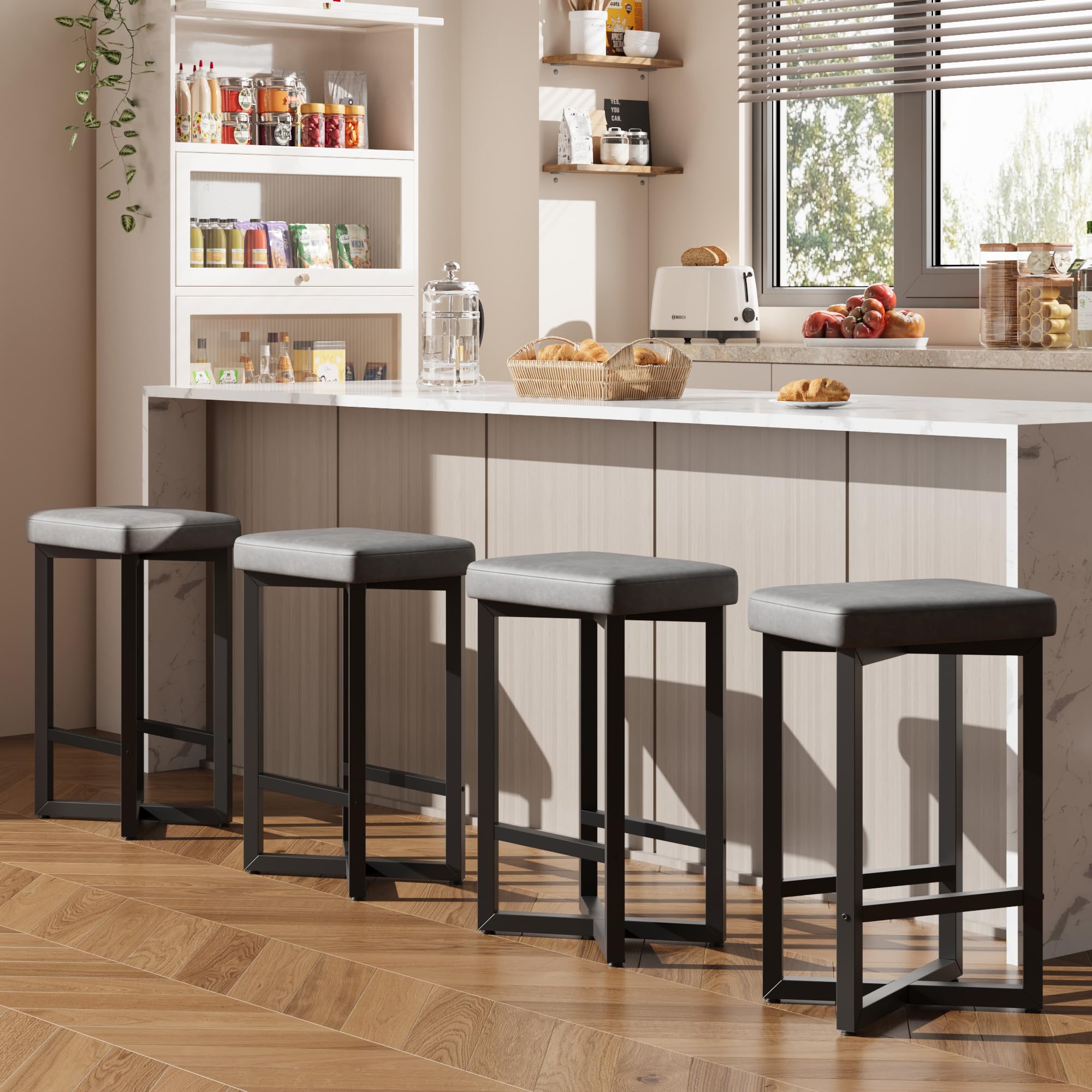IDEALHOUSE Bar Stools Set of 4, 24.6" Counter Height Backless Barstools, Upholstered PU Leather Seats with Metal X-Frame & Footrest, Modern Kitchen Stools for Home Bar, Dining Room, Gray