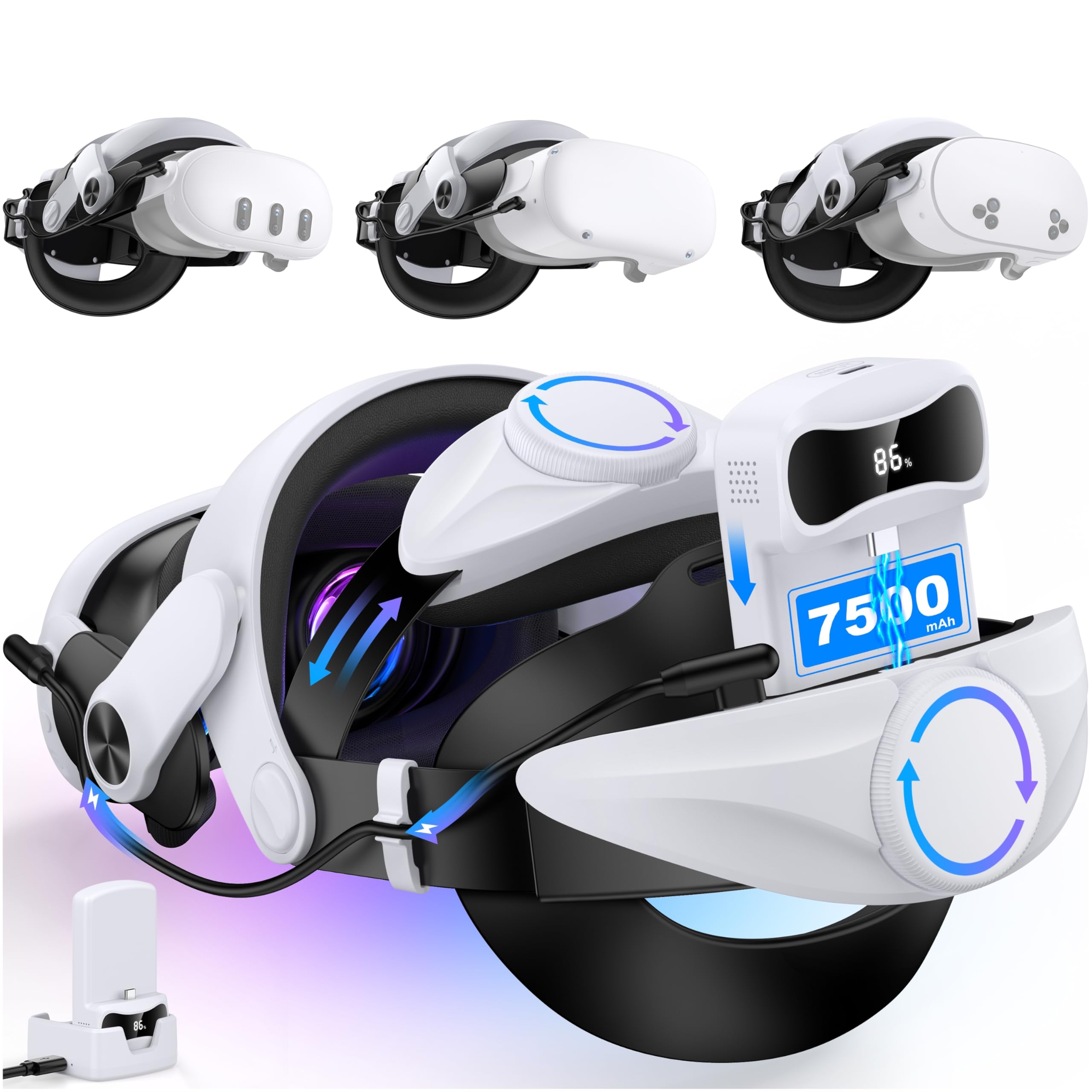 CoguyTech VR Headstrap für Meta Quest 2/3/3S, Head Strap für Meta Quest 3 mit 15000mAh Akku und Ladestation,Ersatz Elite Strap VR Zubehör,Reduziert Gesichtsstress, MQ3002