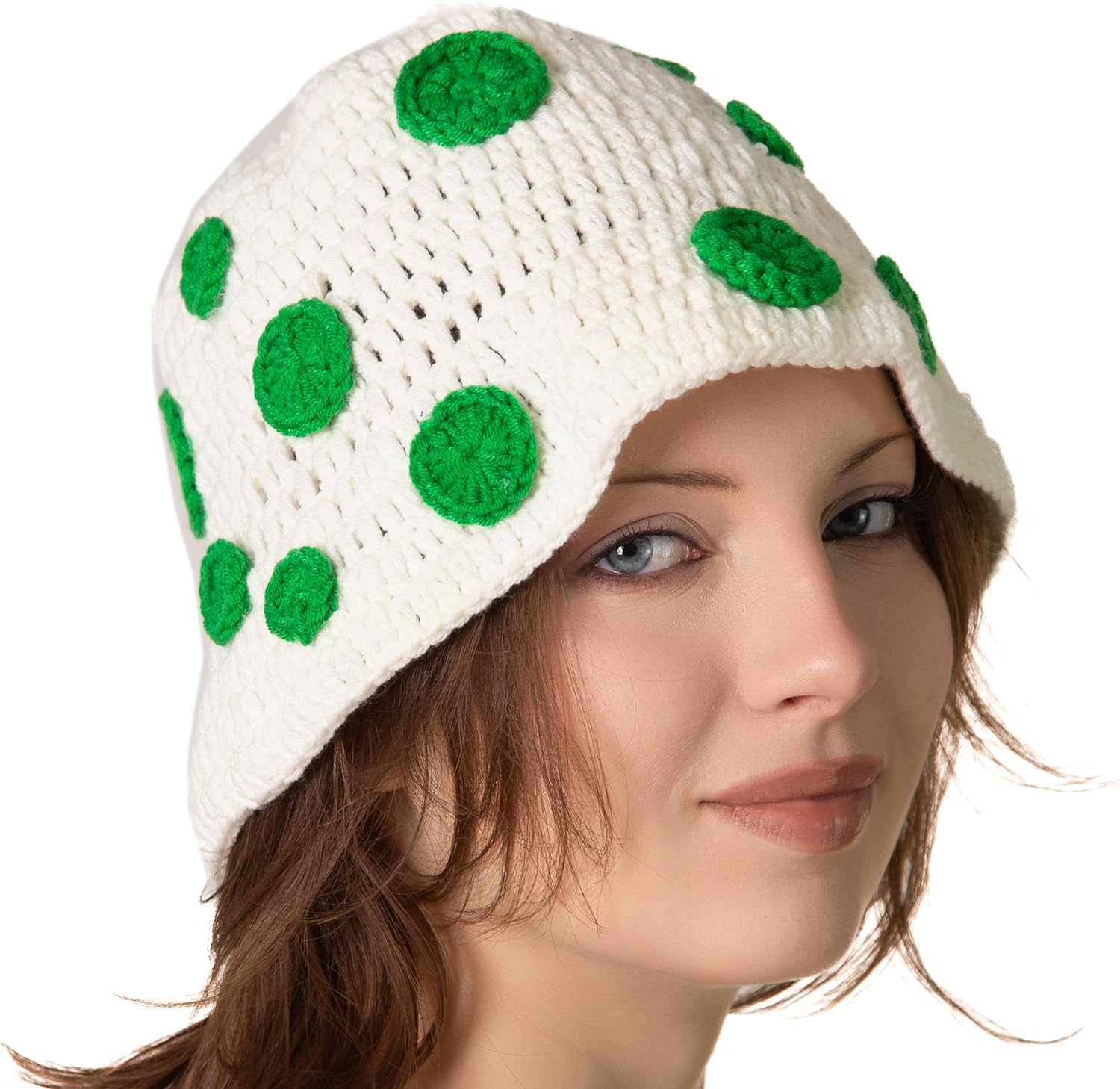 ComfyCamper Womens Knitted Green and White Mushroom Hat Costume Adults Women Men Cottagecore Cosplay Halloween