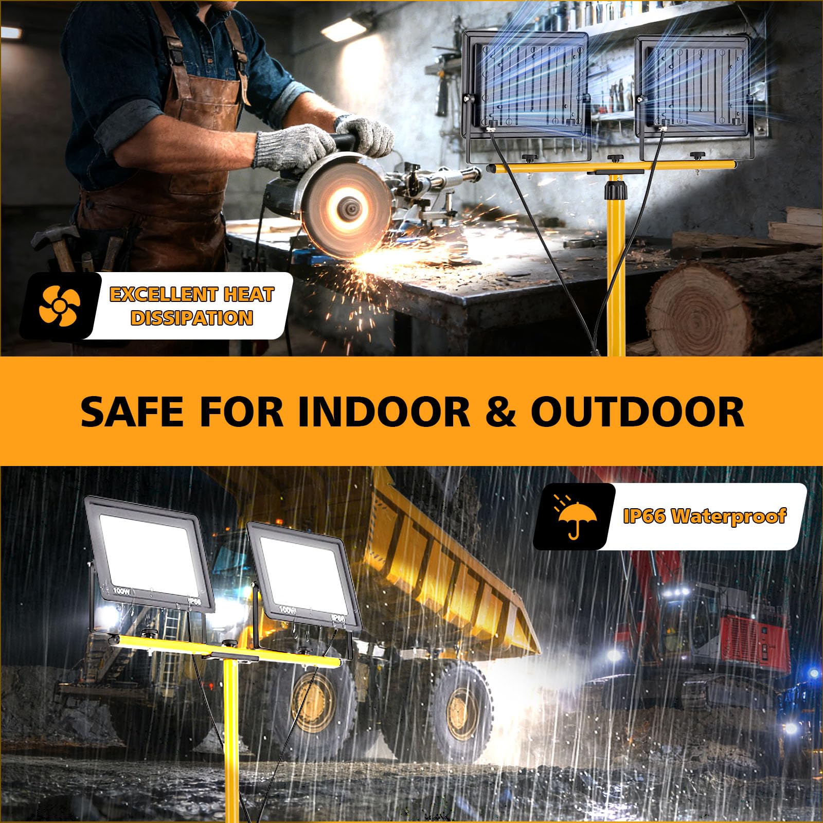 200W Led Baustrahler, 20000LM Superhelle Arbeitsleuchte mit Verstellbarer Stativ und 3m Kabel EU Stecker, Arbeitsscheinwerfer Wasserdicht IP66 für Garage Werkstatt Baustelle, Kaltweiß (200, Watt)