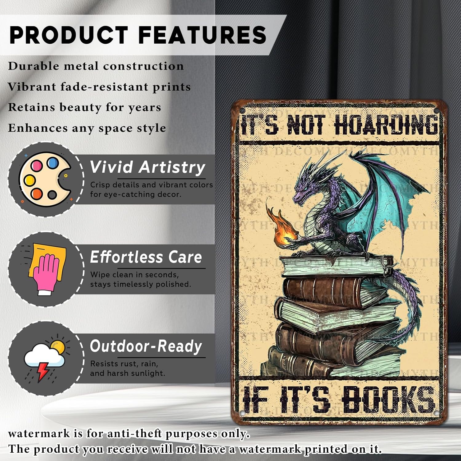 Dragon Vintage Tin Sign It's Not Hoarding If It's Books Metal Sign for Home Cafe Bedroom Library Bookshelf Wall Decor 12 * 8inch - Image 2