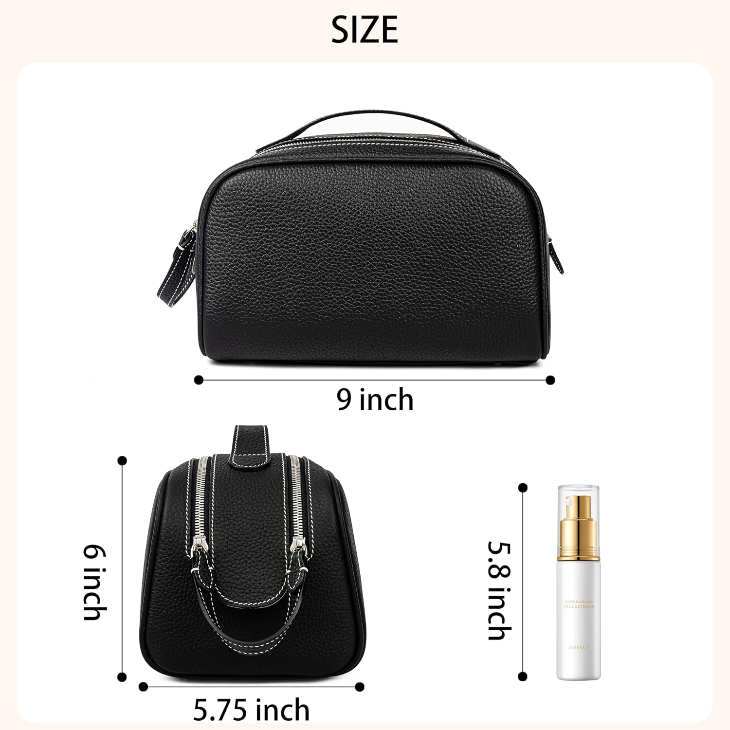 DORIS&JACKY Genuine Leather Toiletry Bag for Women and Men, Large Travel Handmade Makeup Case and Cosmetic Accessories Organizer Zipper Pouch with Carry Handle (1-Black)