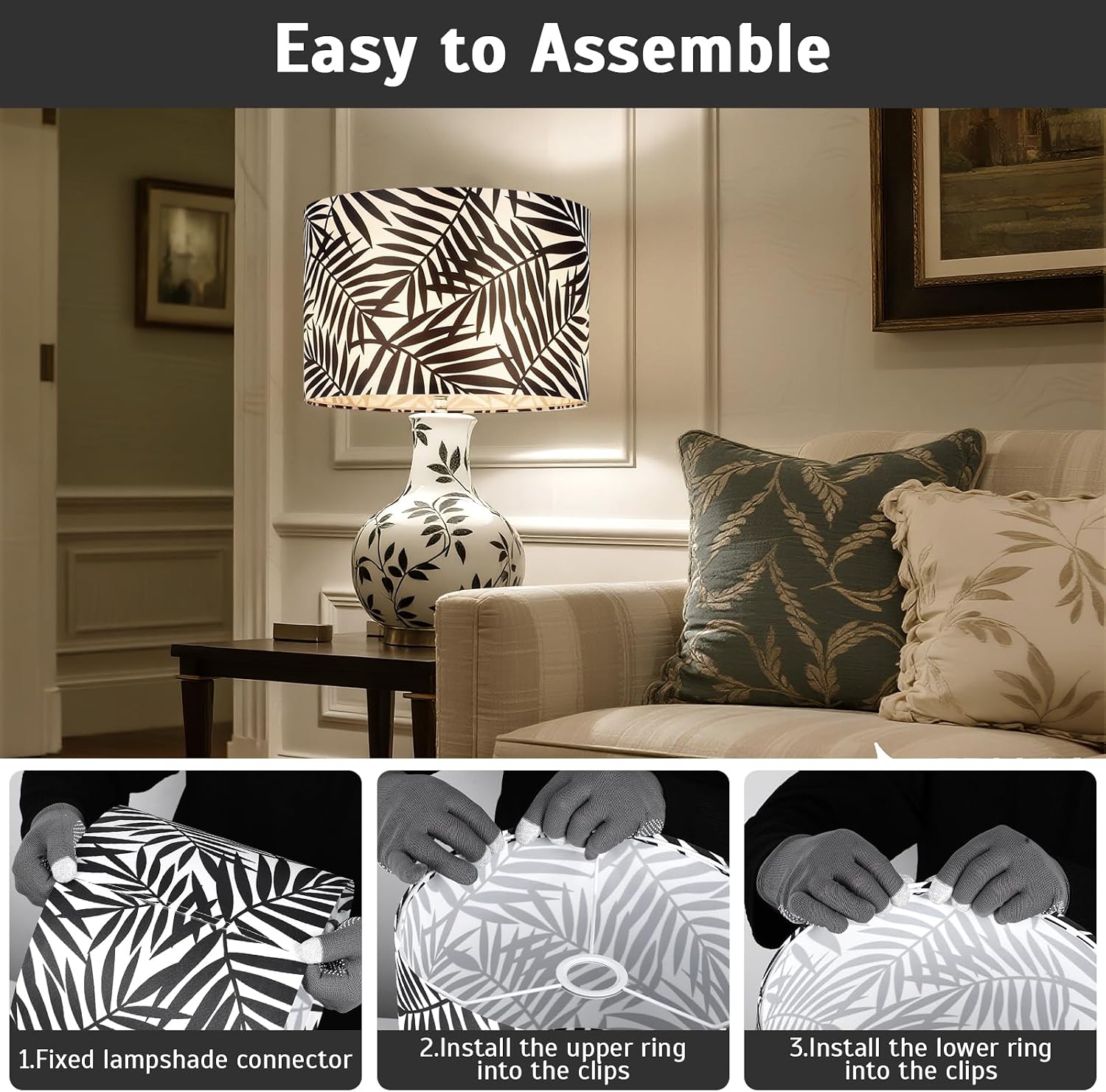 Drum Lamp Shades Set of 2,13"x10" Decorative Fabric Lampshades for Table Lamps,Floor Lamps and Chandeliers,Replacement Light Shades with Black Tropical Leaf Art Print,Spider Fitter,Fits E26 Bulbs