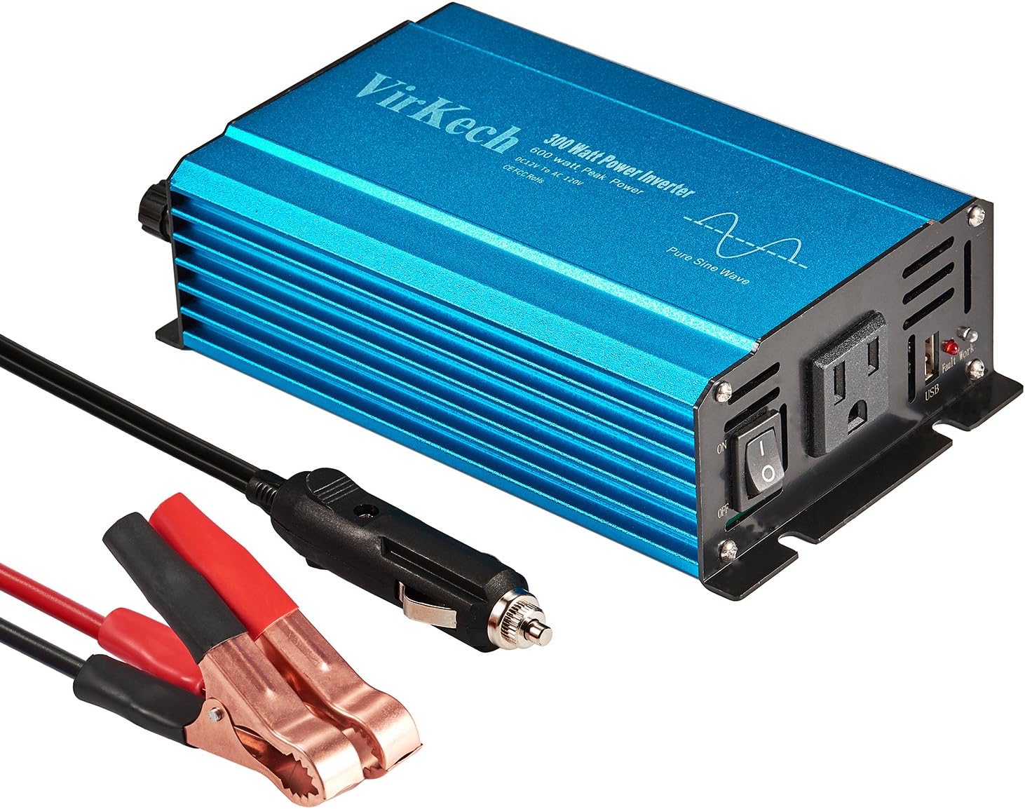 VirKech 300Watt (Peak 600W) Pure Sine Wave Power Inverter DC 12V to AC 120V Car Charger Power Converter