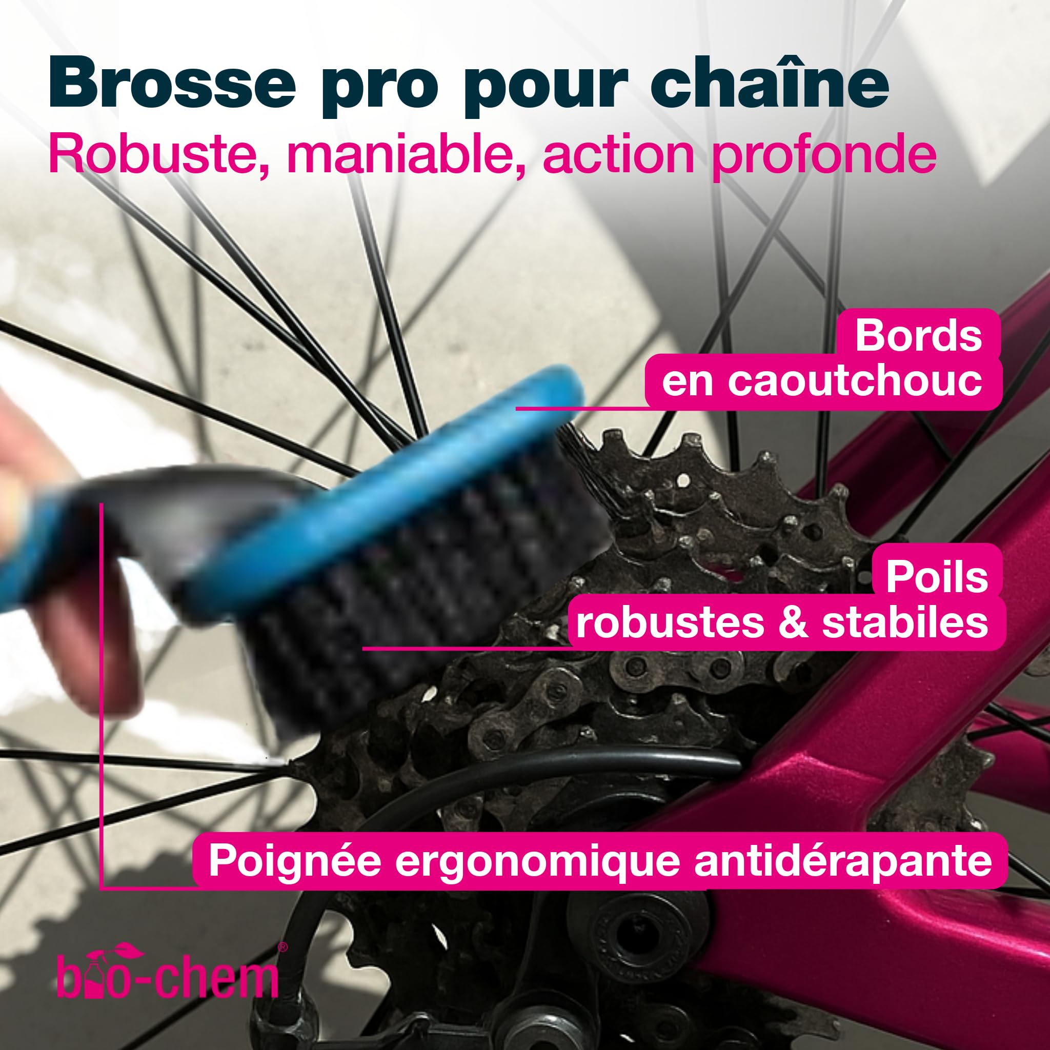 bio-chem Set de 9 accessoires de nettoyage pour vélo, vtt, e-bike | Vaporisateur de mousse, brosses pour chaîne et cadre et chiffon microfibre - Nettoyage et entretien du vélo