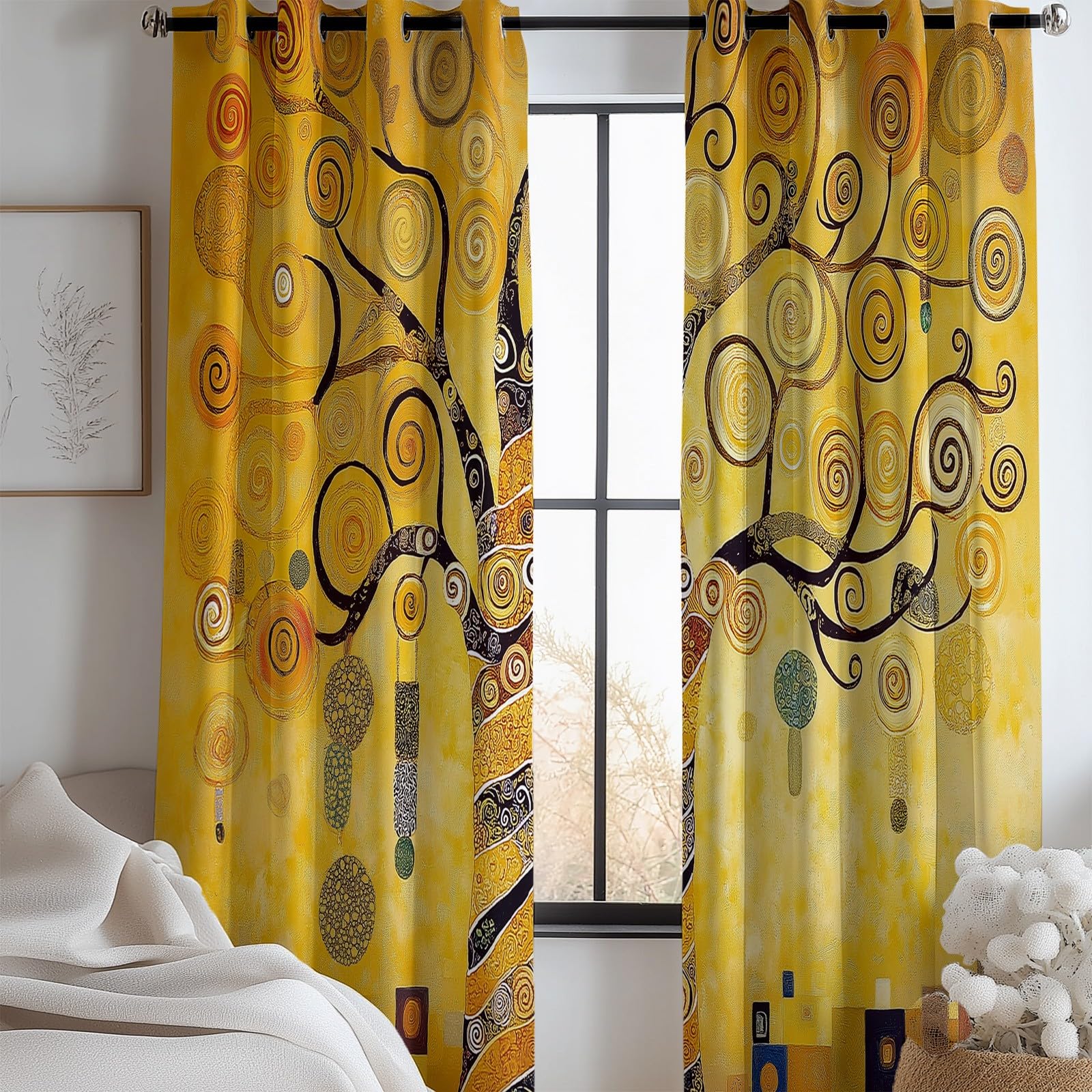 Vorhang Klimt Lebensbaum Der Linien Drucken Gelb mit Ösen Verdunklungsvorhänge Gardinen Thermo Vorhänge Blackout Curtain Kinder Wohnzimmer Schlafzimmer H230 x B117 cm (2er Pack)