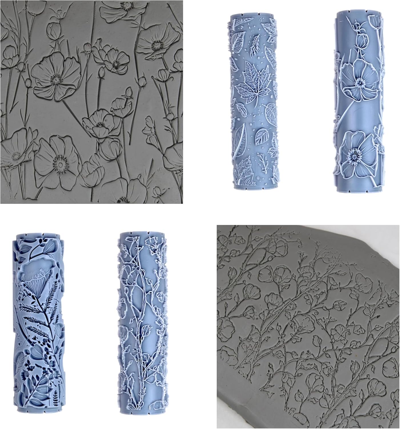 Floral Foliage Collection 4-Pack Clay Texture Rollers (4") - Seamless Meadow Set #01 - Embossing Pattern Rollers for Polymer & Ceramic Clay, Pottery & Crafts