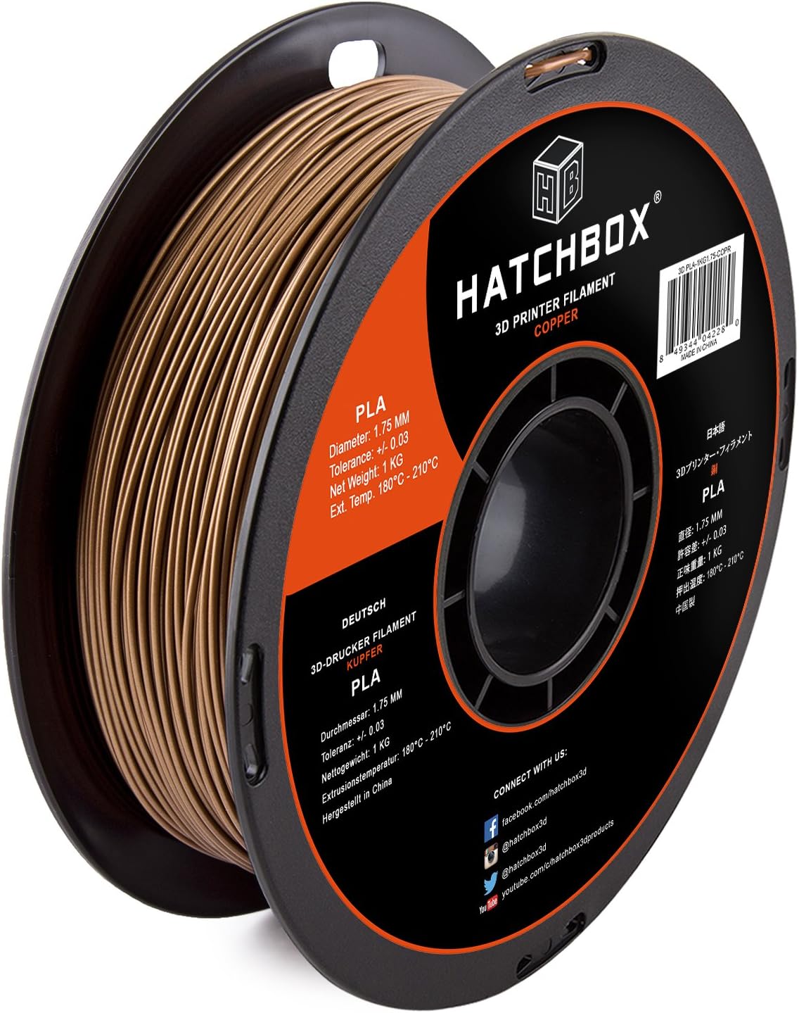 HATCHBOX 1.75mm Copper PLA 3D Printer Filament, 1 KG Spool, Dimensional Accuracy +/- 0.03 mm, 3D Printing Filament