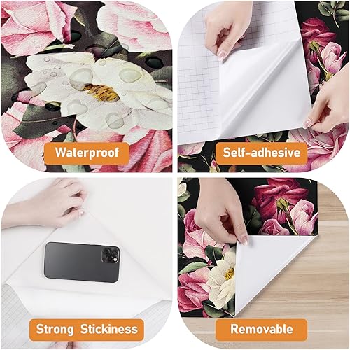 Miniatura 8 de Wallercity Papel Tapiz Floral Vintage Despegar y Pegar Papel Tapiz de Rosa Peonía Gabinetes Mesa Superior Papeles Tapiz Impermeable Removible