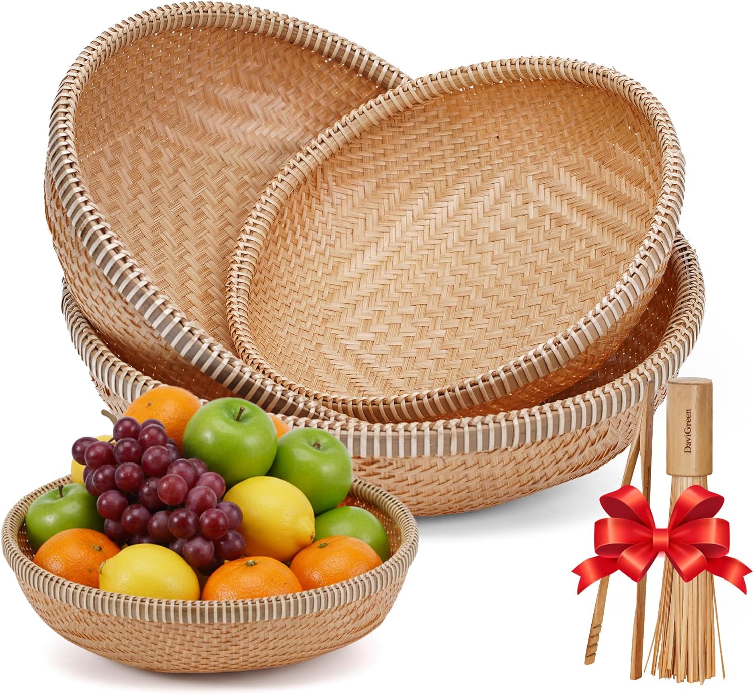 Set of 3 Handwoven Bamboo & Rattan Baskets – Woven Bread Basket & Fruit Bowl for Kitchen Counter, Decorative Wicker Tray for Serving Snacks, Pastries & Table Centerpiece