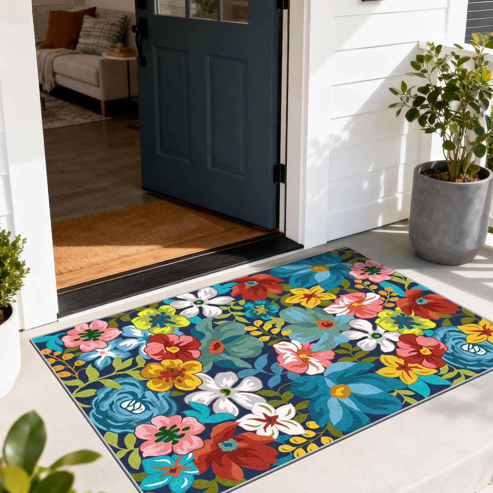 Othilic Floral Outdoor Rug - 28" x 43" Front Door Mat Indoor Outside Entrance Non-Slip Washable Outdoor Mat Colorful Botanical Flower Rug for Entryway Kitchen Bedroom Layered Doormat for Front Porch