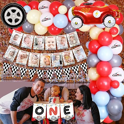 Miniatura 4 de Juego de decoración de fiesta de primer cumpleaños para auto de carreras, decoración rápida para pastel y guirnalda de globos, tema de carreras para