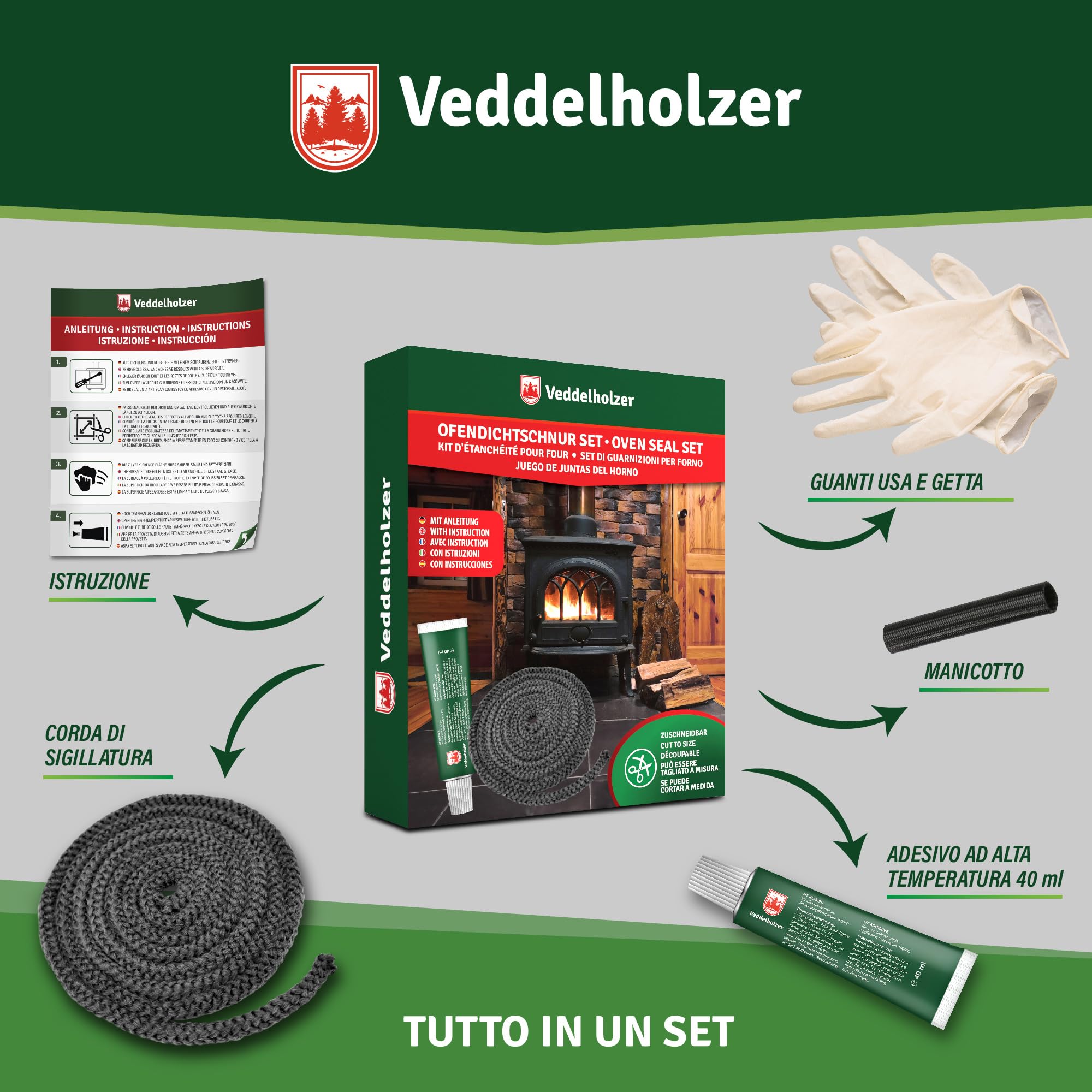 Set completo Veddelholzer Ø 14 mm nastro sigillante per stufe, guarnizione per forni, cavo sigillante, accessori per caminetti Incl. adesivo per alte temperature, guanti, manicotti e istruzioni