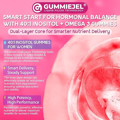 Miniatura 8 de Gomitas de inositol + omega-3 para mujeres  Mio-inositol y D-Chiro Inositol (401), Omega-3 DHAEPA (31)  Suplemento de inositol para el equilibrio