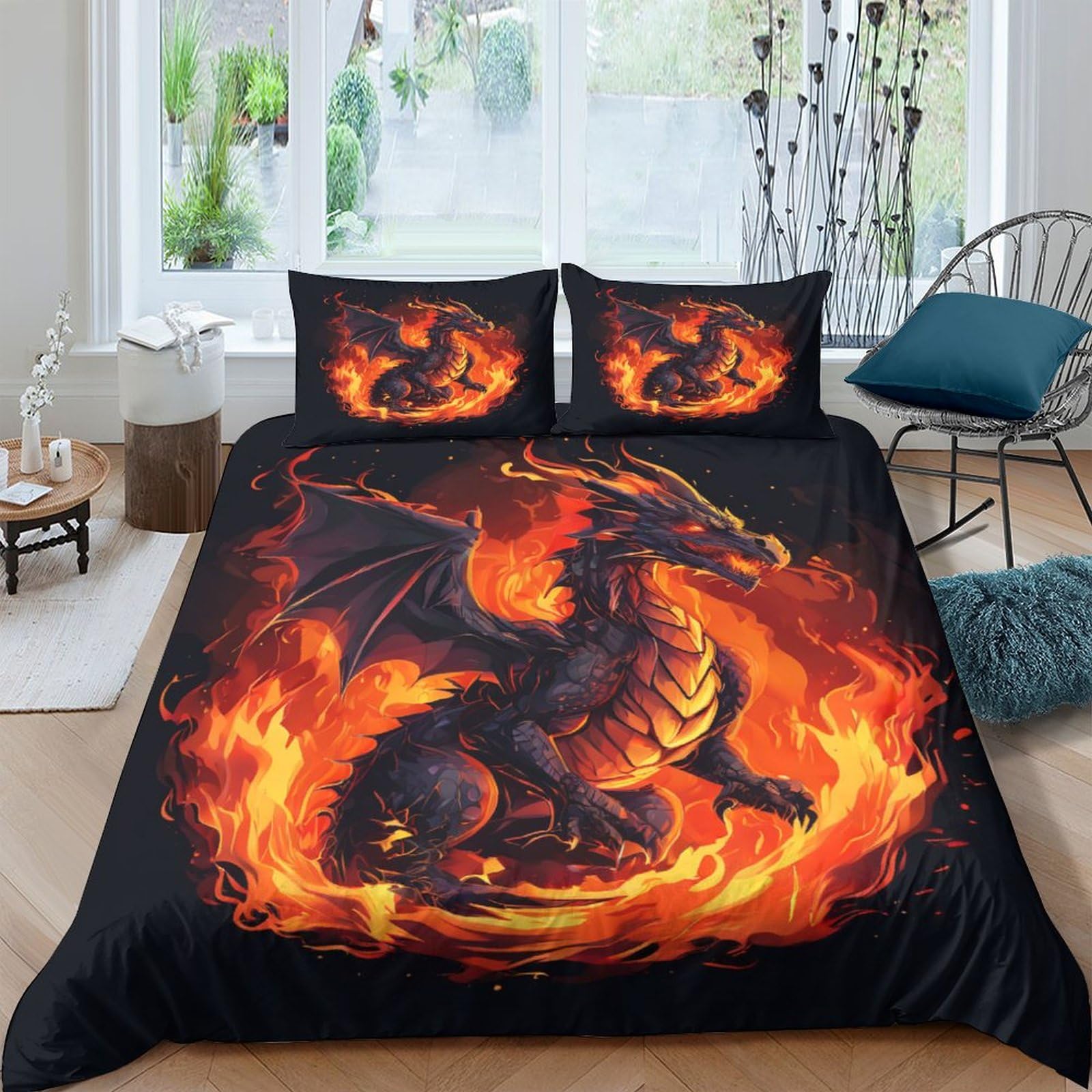 TNFHSOFT Flying Dragon Duvet Cover Set Kids Bedding Set for Boys Girls Adults 3 Pieces Quilt Cover Zipper Closure with Pillowcase Double（200x200cm）