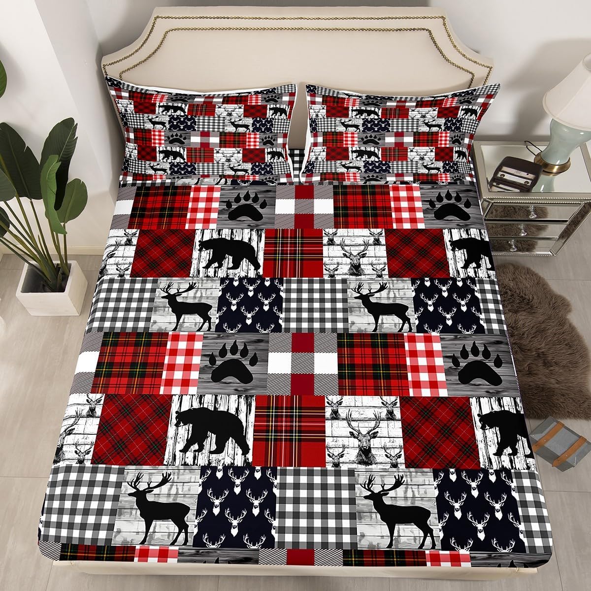 Erosebridal Rustic Patchwork Fitted Sheet,Checkered Buffalo Plaid Bed Sheets for Kids Teens Adult,Woodland Wildlife Bear Moose Elk Pine Trees Pattern Sheet Set Farmhouse Decorations,Queen