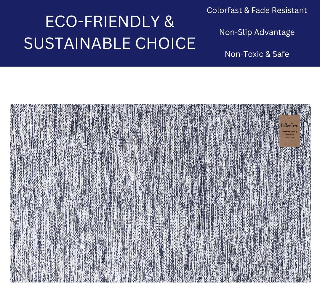 Hand Woven Area Rug 2x3 Feet - Rustic Farmhouse Bohemian Accent Rug for Living Room Bedroom Kitchen Entryway Floor Mats - Ideal for High Traffic Areas 100% Cotton Rag Rug Blue