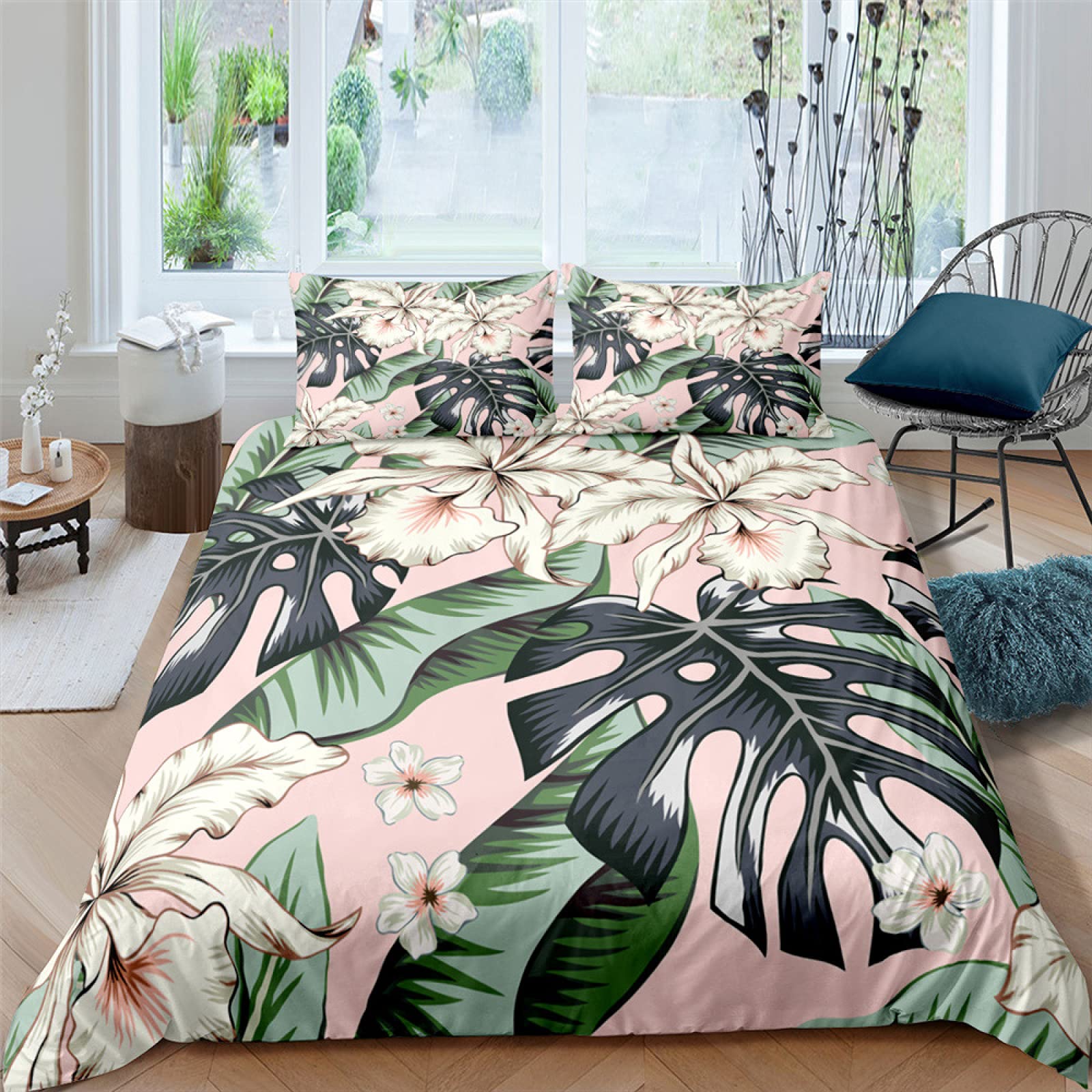 Housse de couette 240x260 finition premium feuille de monstera rose avec taies d'oreiller