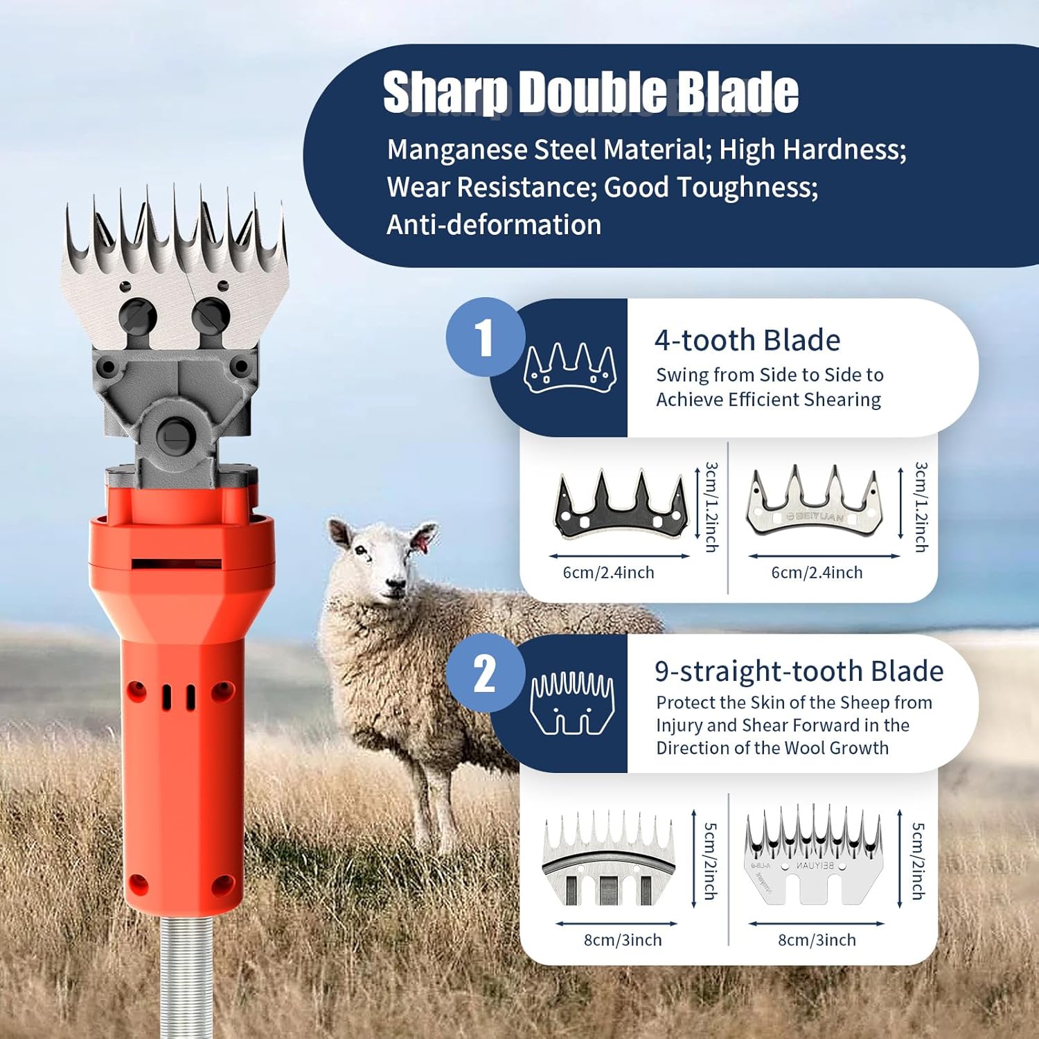 Sheep Shears, 1200W 2800RPM Professional Animal Clippers with 2 Blades, 9-Tooth Electric for Thick Horses Sheep Alpacas Goats