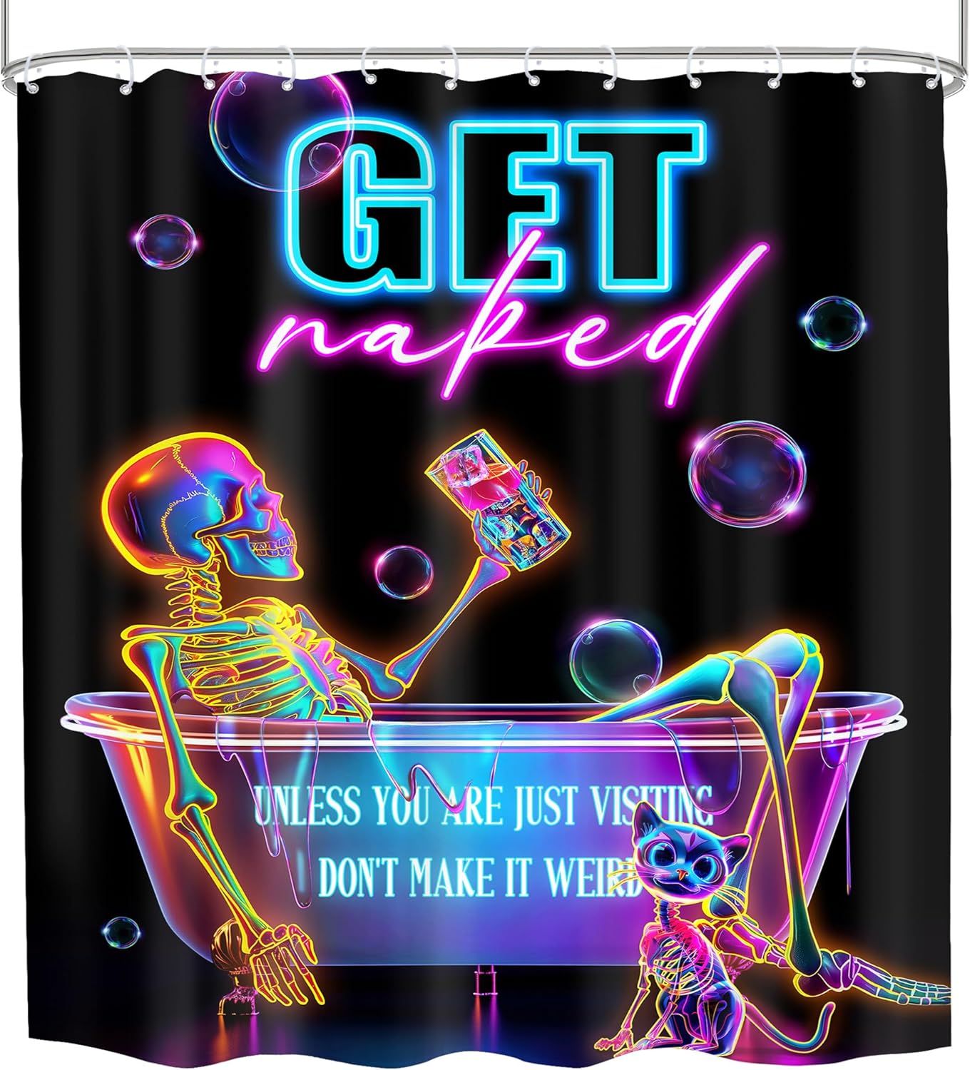 Long Neon Funny Skull Shower Curtain 72Wx78H Gothic Black Unique Cool Skeleton Bone Spooky in Bathtub Bathroom Decor Bubbles Halloween Cat Bath Curtain Fabric Polyester 12 Pack Hooks