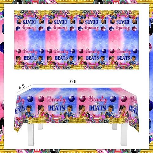 Miniatura 5 de Funmemoir Beauty or Beats - Decoraciones de revelación de género - Mantel de revelación de género de hip hop, decoraciones de mesa para él o ella de