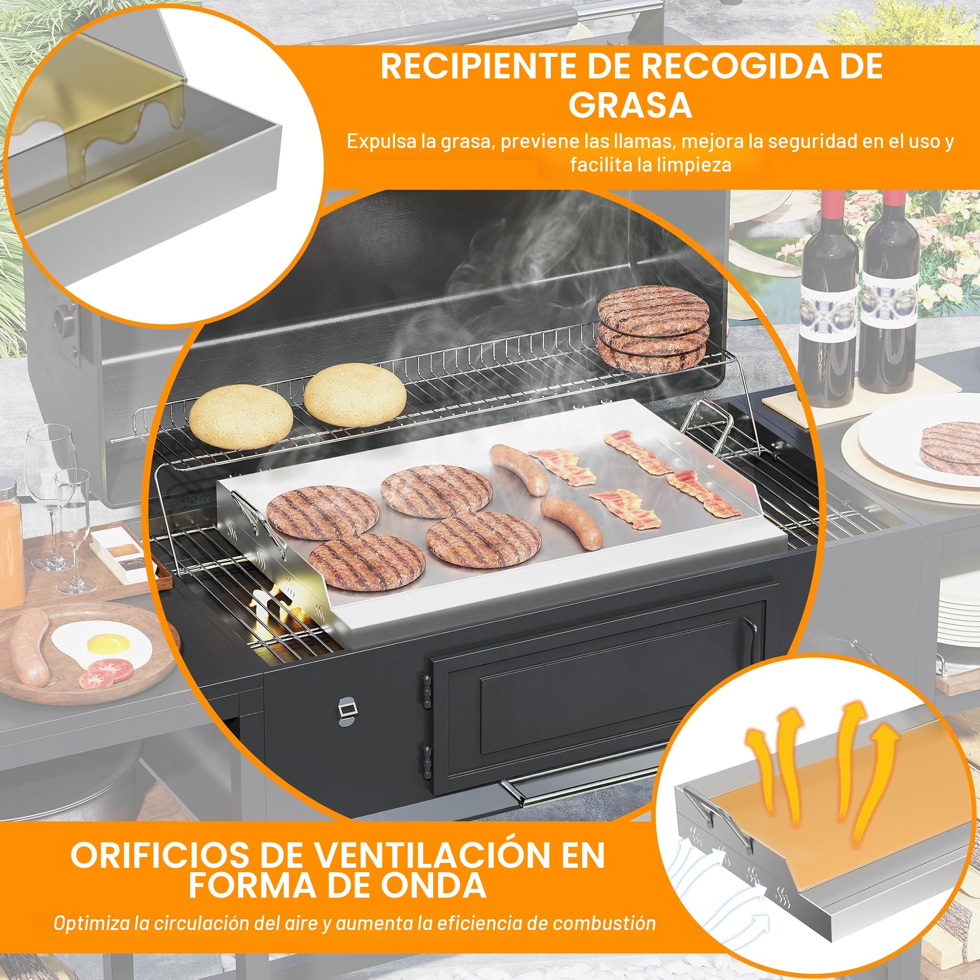 Froadp Placa de acero inoxidable para barbacoa | Plancha universal para barbacoa de 54 x 41 x 7 cm con canaleta para aceite | gas y carbón | Accesorios para barbacoa, incluyendo espátula y asas