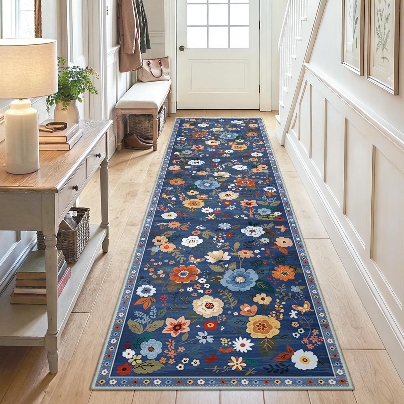 DEFYNEE Runner Rugs for Hallway, 60×240cm Floral Rug, Non-Slip 5.88mm Low Pile Boho Vintage Floral Carpet with Printed Design for Kitchen, Bedroom, Entryway, Lounge, Bedside, Blue/Grey — image 1